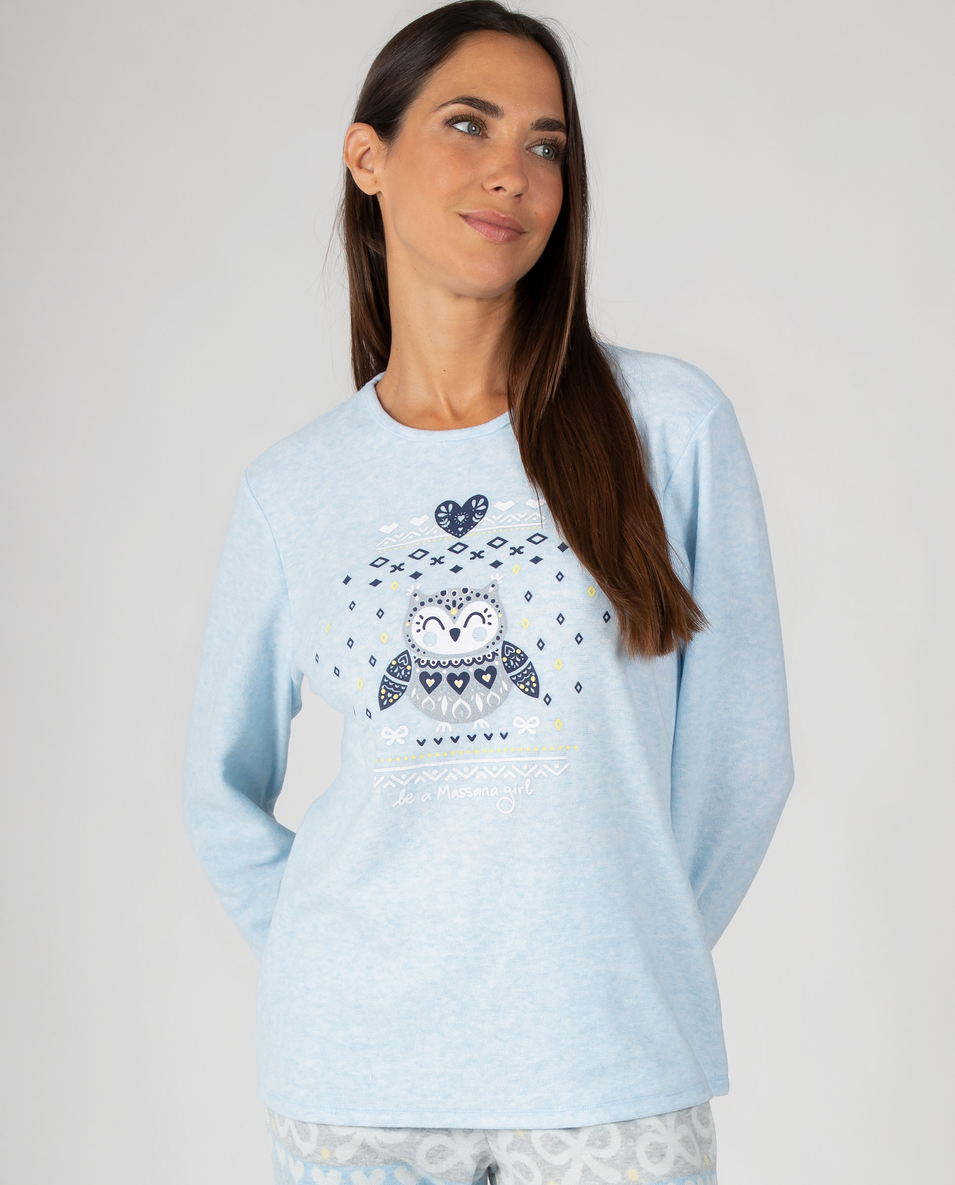 Pijama de mujer de manga larga con estampado de pingüino y pantalón cenefas - Massana - Azul claro Azul claro-3