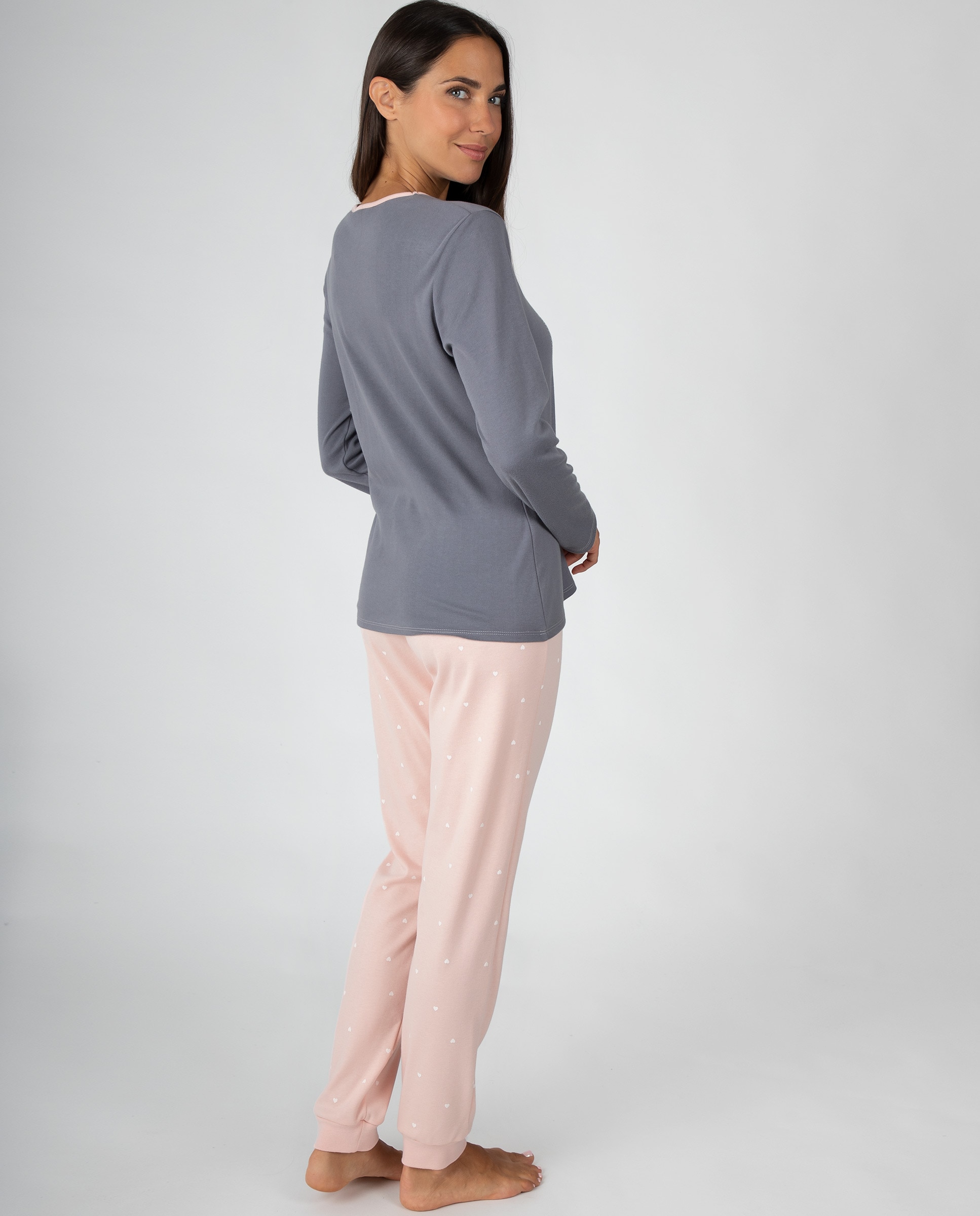 Pijama de mujer con cuello redondo a contraste y pantalón largo de corazones con puños - Massana - Gris Gris-2