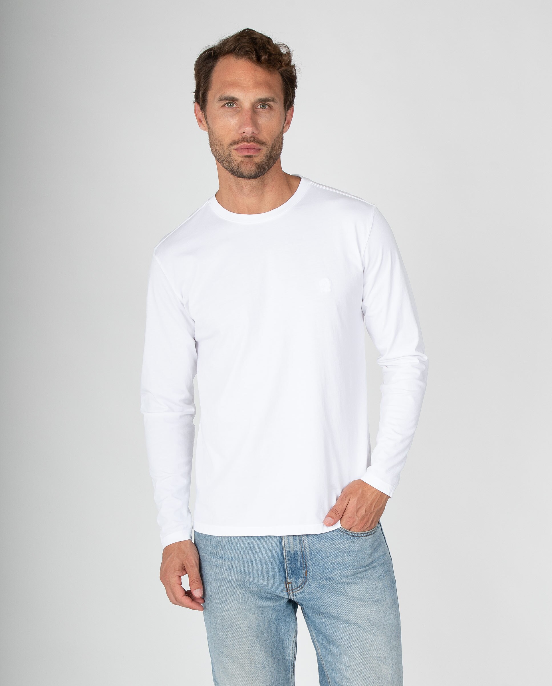 Camiseta lisa de hombre de manga larga con detalle bordado - Massana - Blanco Blanco-1