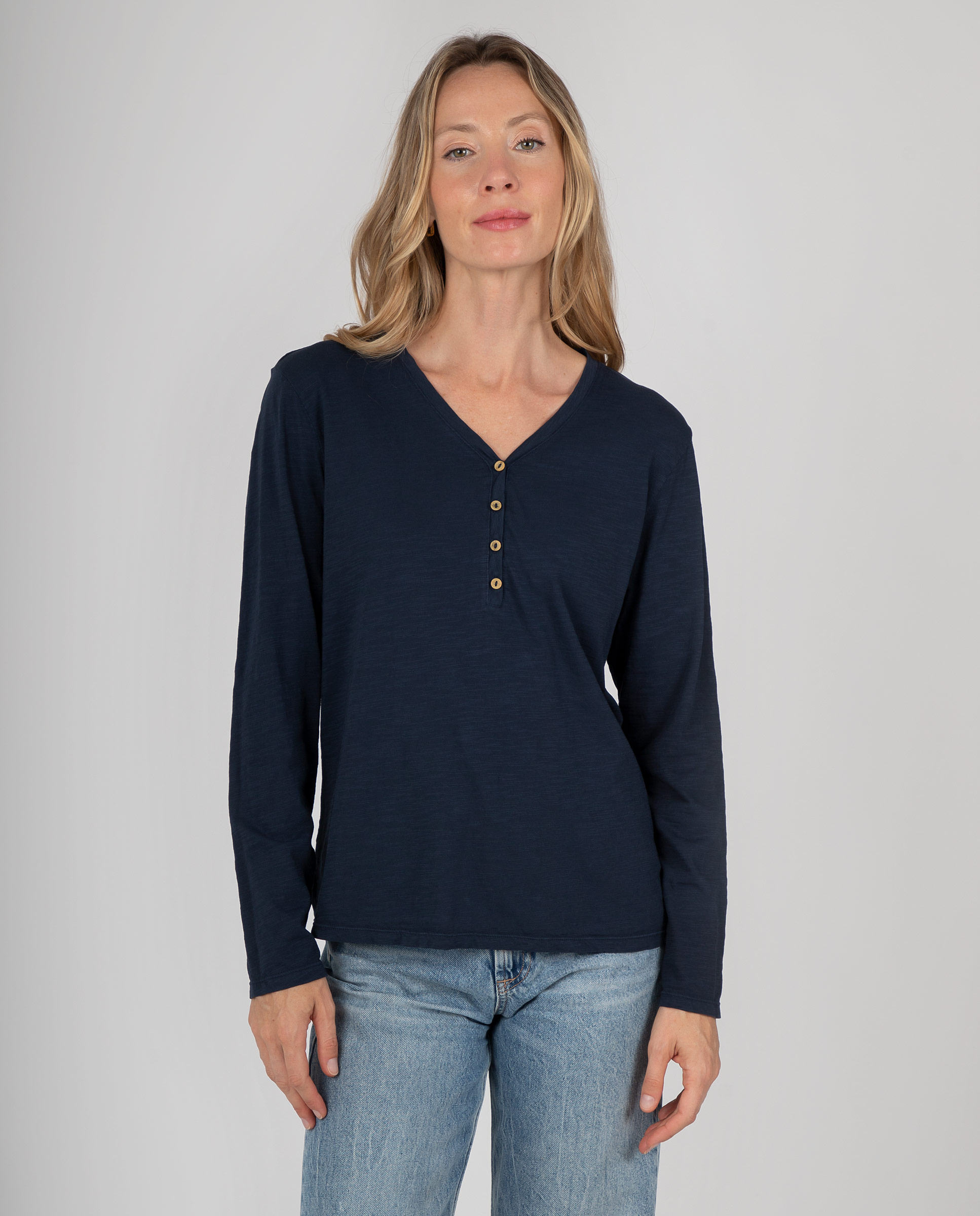 Camiseta básica de mujer con cuello pico y tapeta - Massana - Azul Azul-1