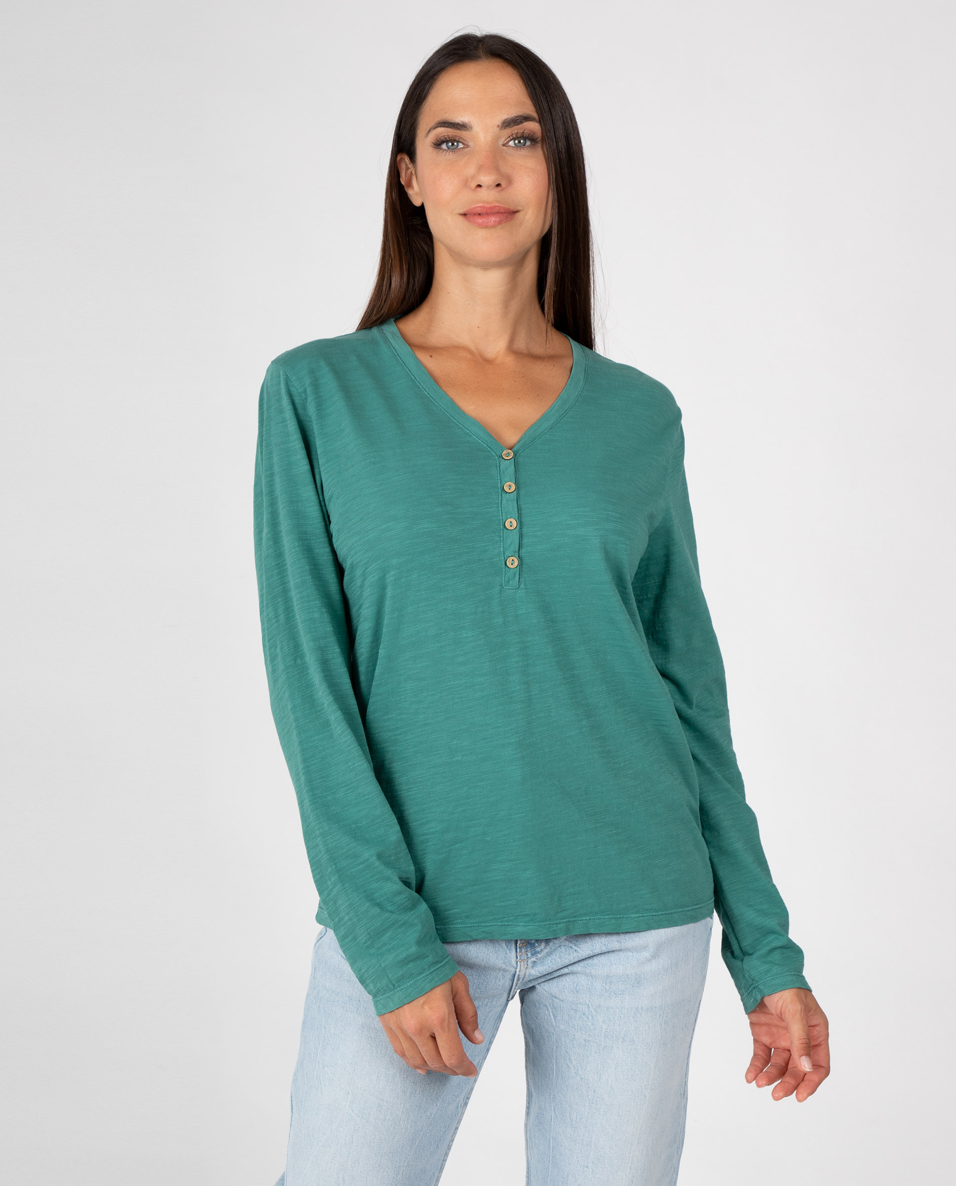 Camiseta básica de mujer con cuello pico y tapeta - Massana - Verde Verde-1