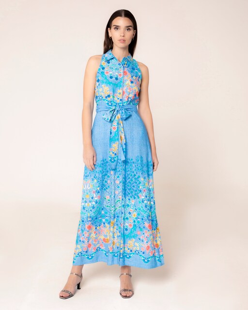 Imagen 0 de Vestido largo camisero con flores bordadas