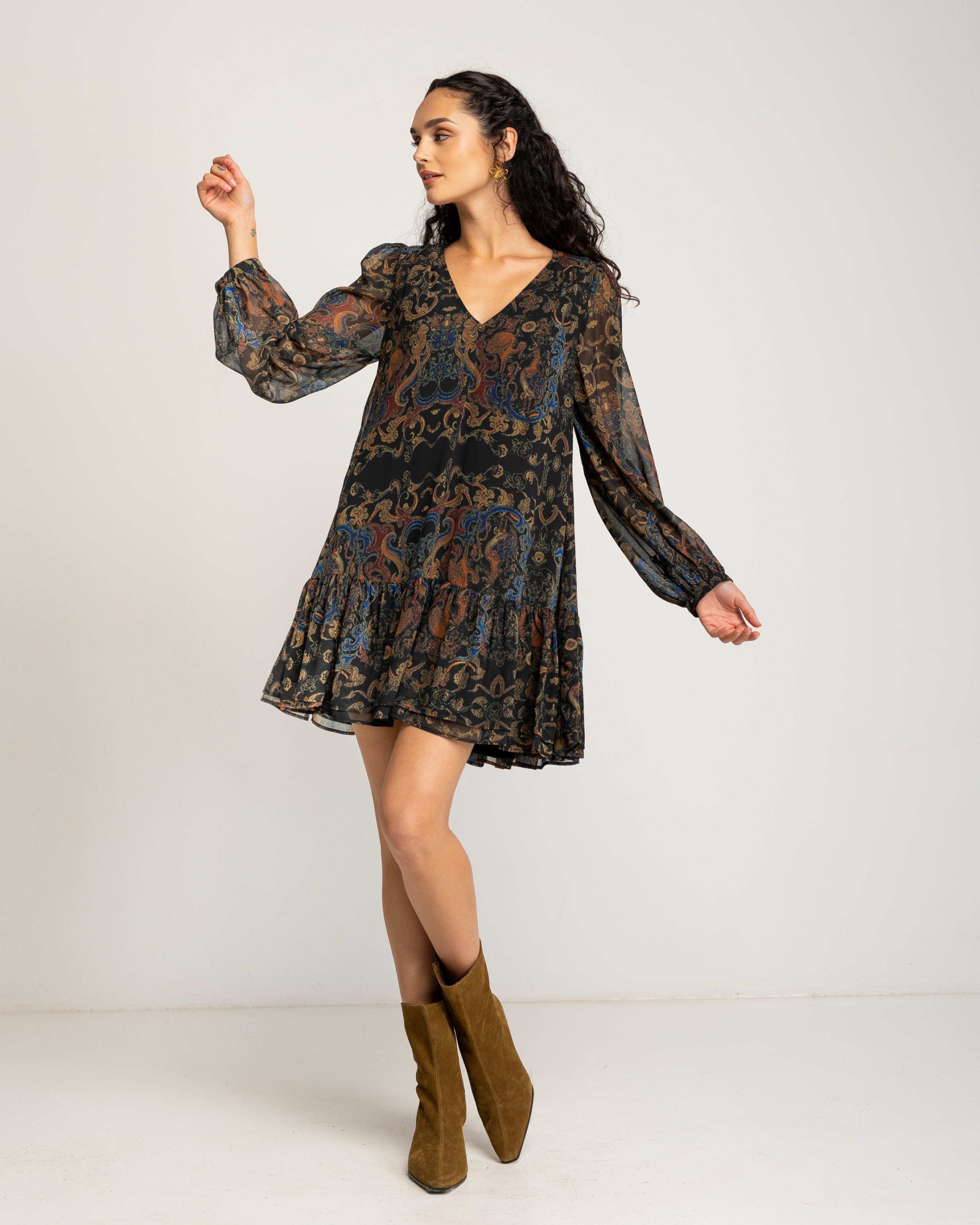Vestido corto con mangas abullonadas y volantes Negro / Naranja Niza Negro / Naranja-1