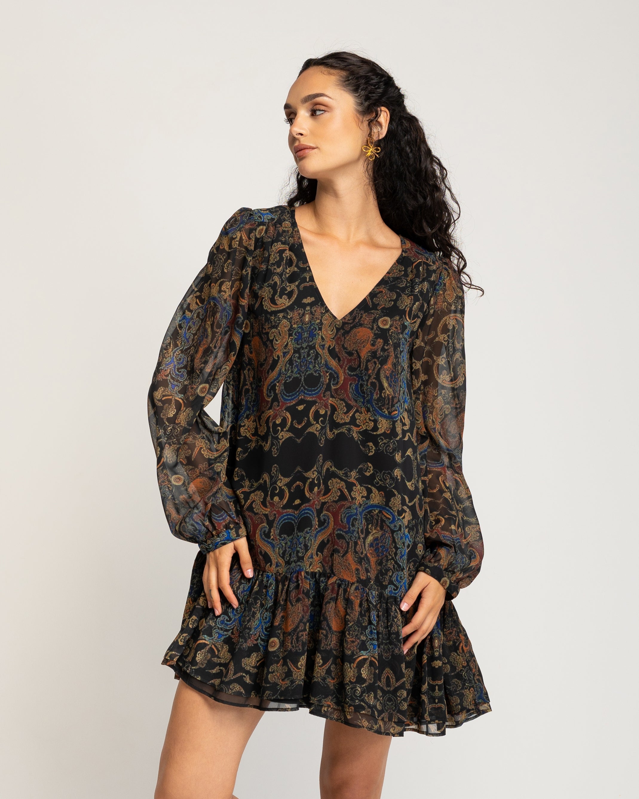 Vestido corto con mangas abullonadas y volantes Negro / Naranja Niza Negro / Naranja-2