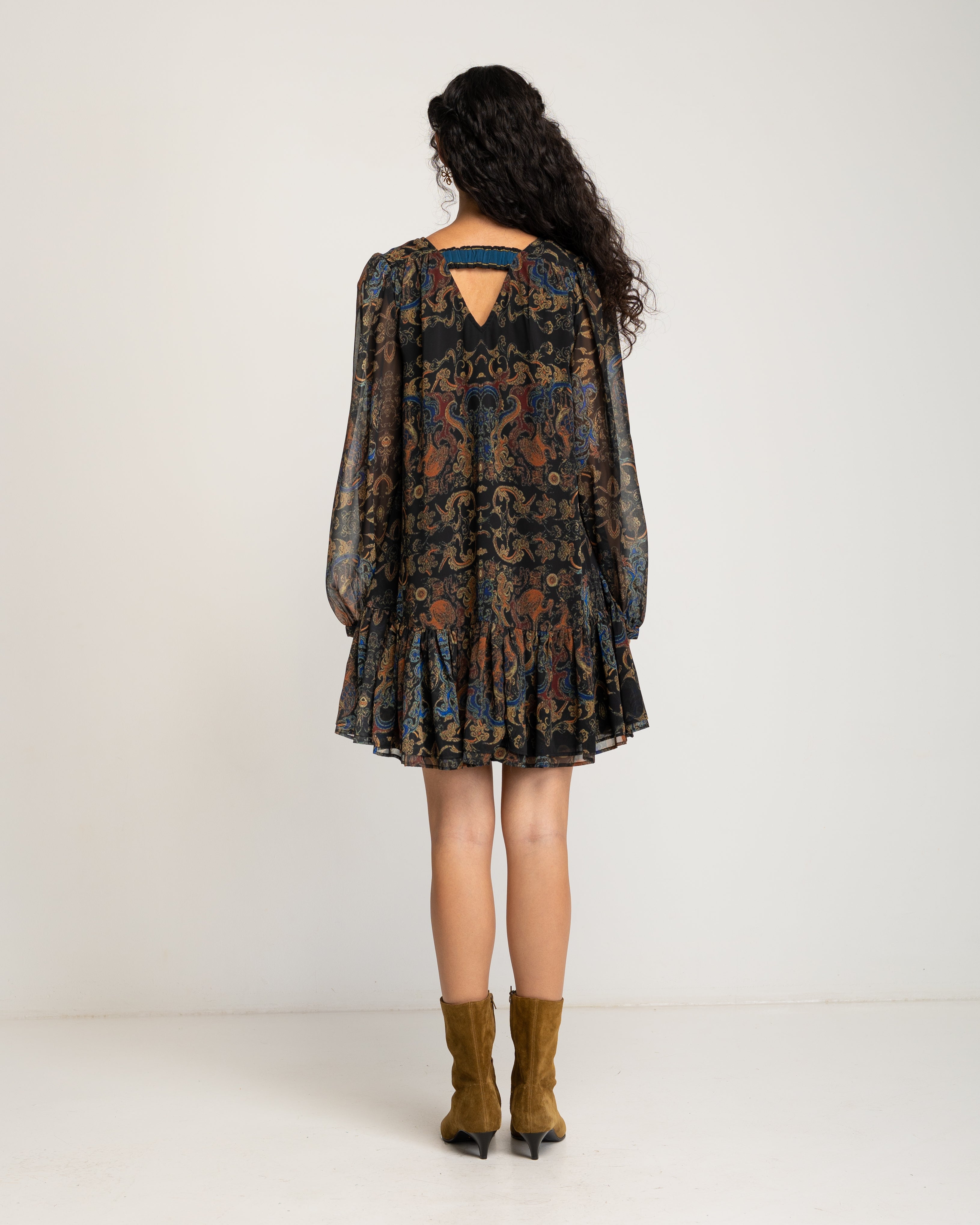 Vestido corto con mangas abullonadas y volantes Negro / Naranja Niza Negro / Naranja-4