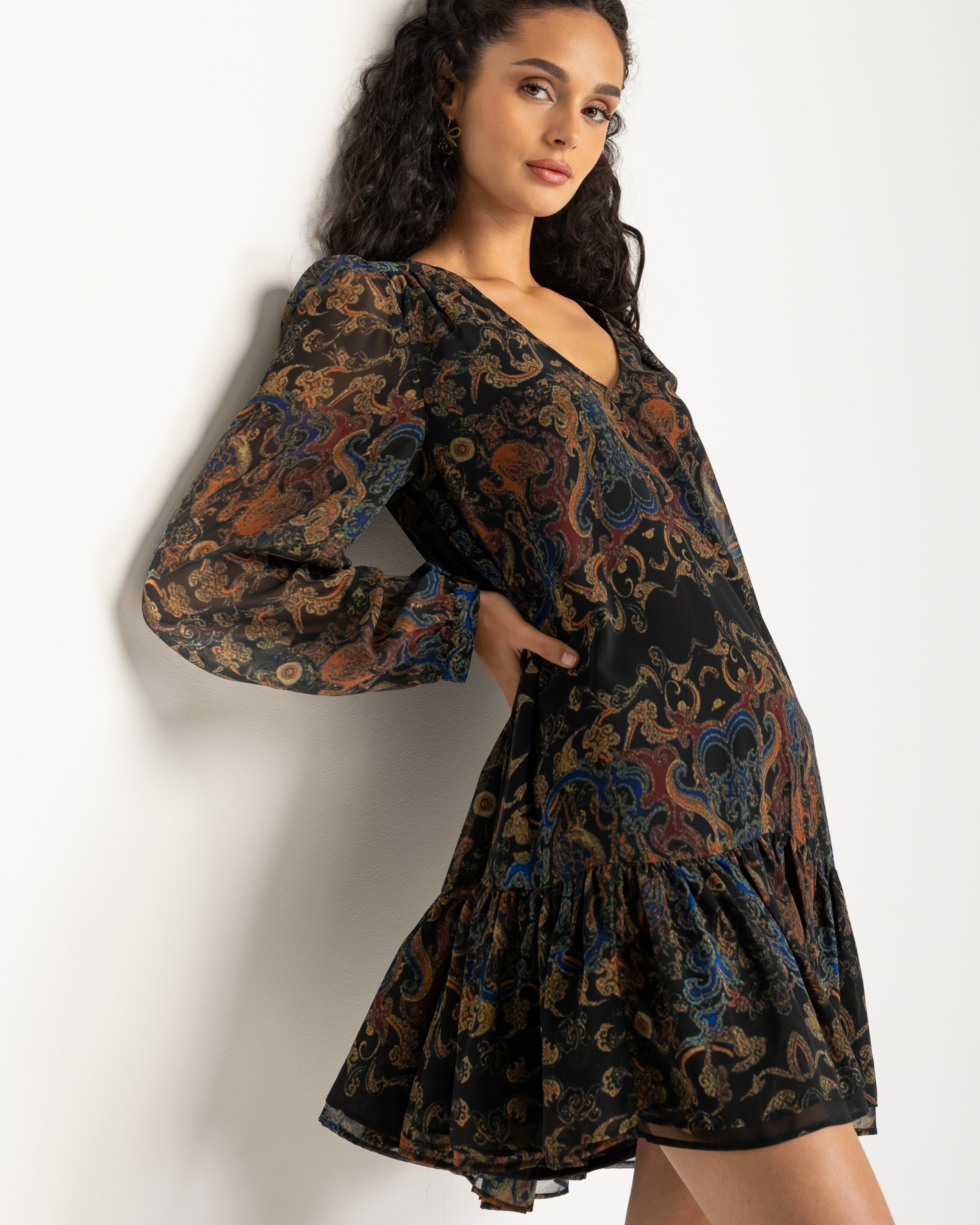 Vestido corto con mangas abullonadas y volantes Negro / Naranja Niza Negro / Naranja-6