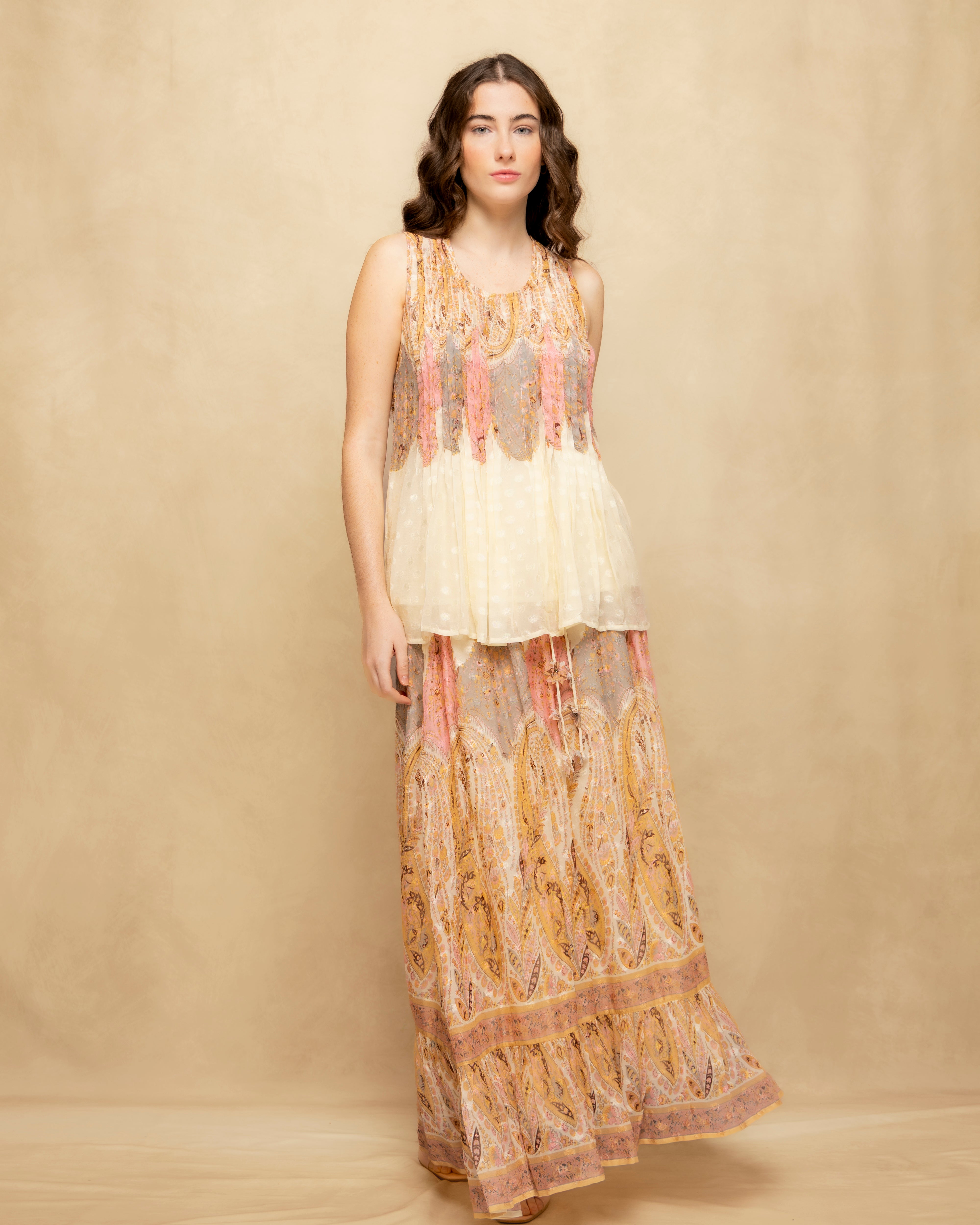 Falda larga fluida con motivo paisley y bajo con volante - Niza - Amarillo Amarillo-2
