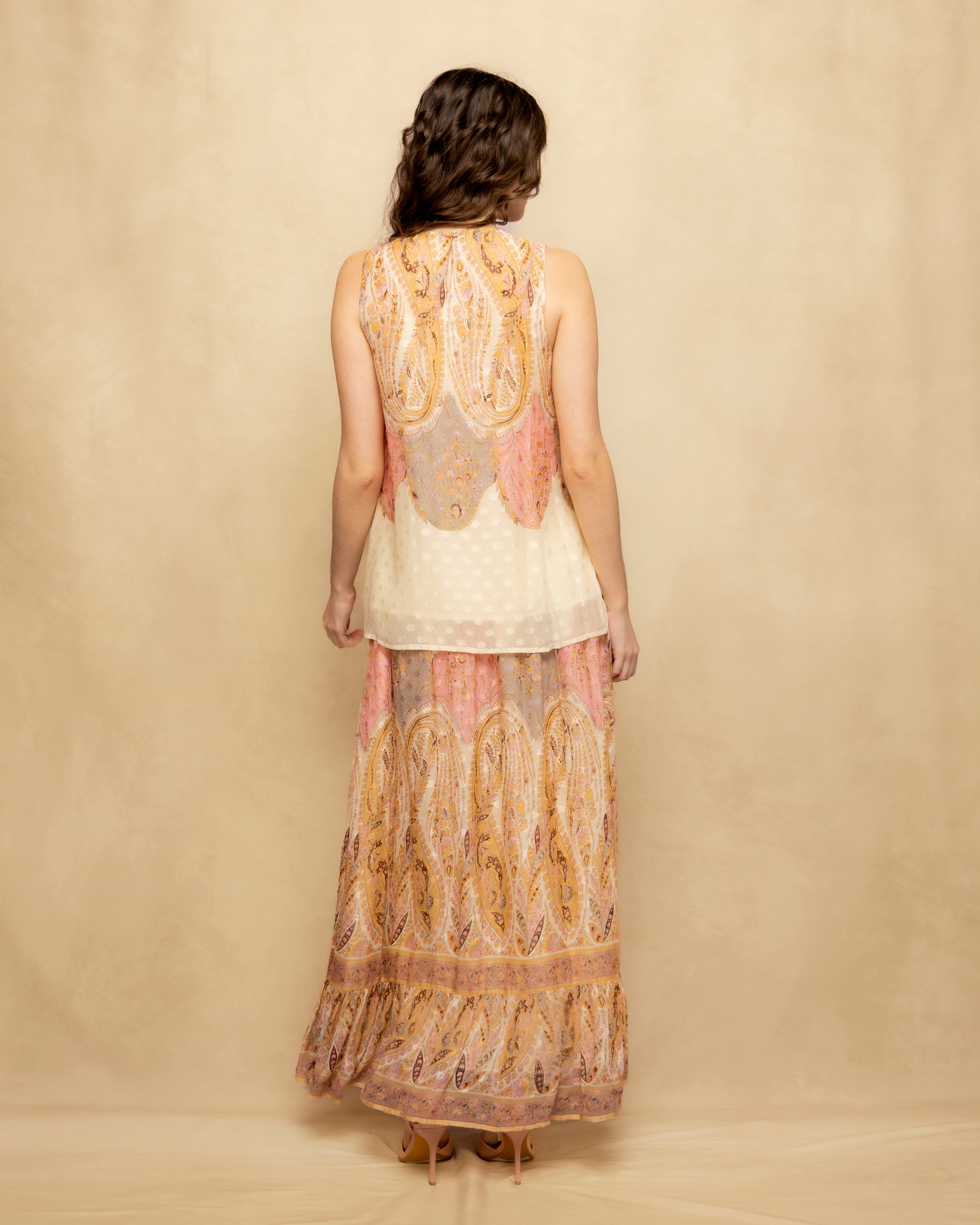 Falda larga fluida con motivo paisley y bajo con volante - Niza - Amarillo Amarillo-5