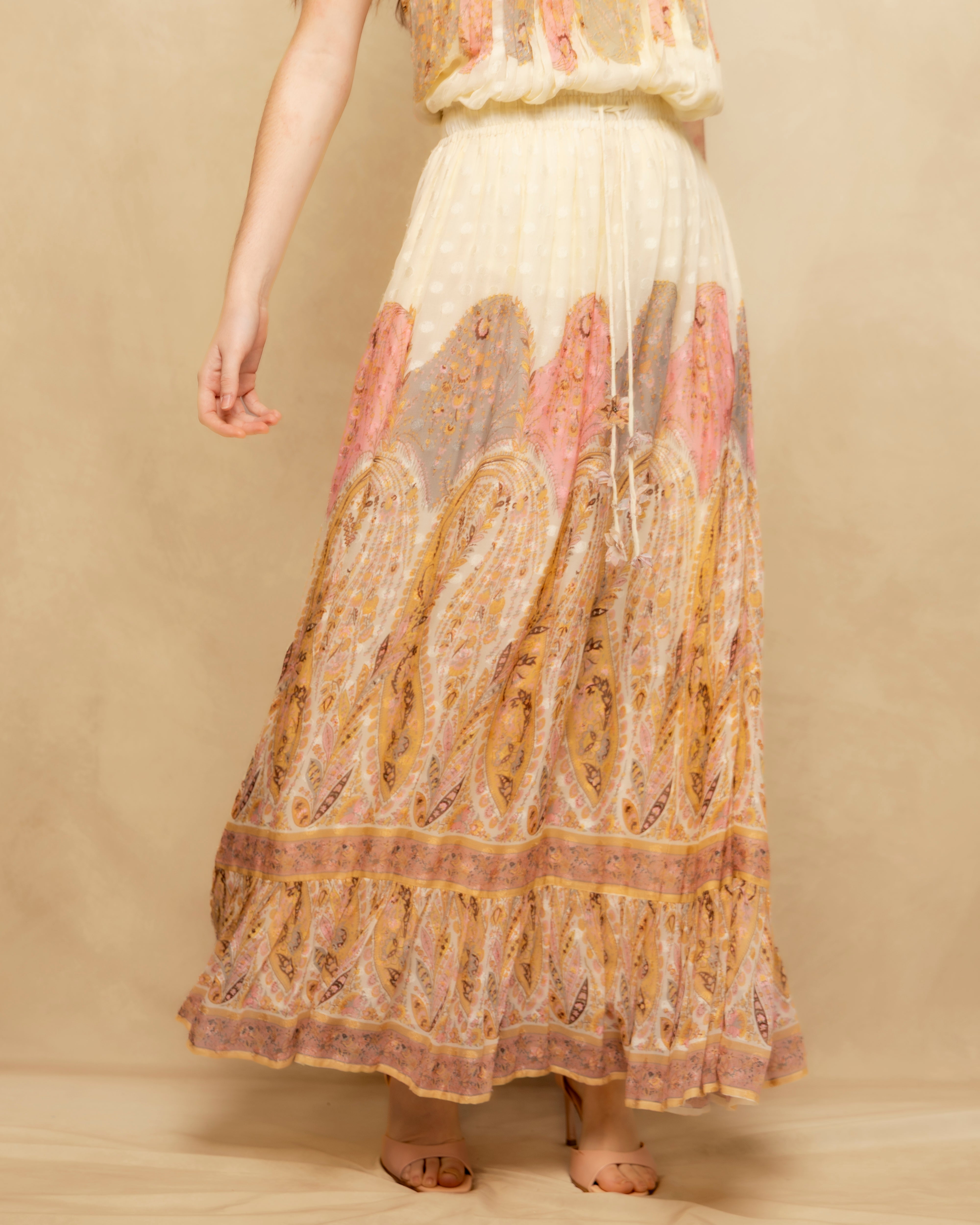 Falda larga fluida con motivo paisley y bajo con volante - Niza - Amarillo Amarillo-7