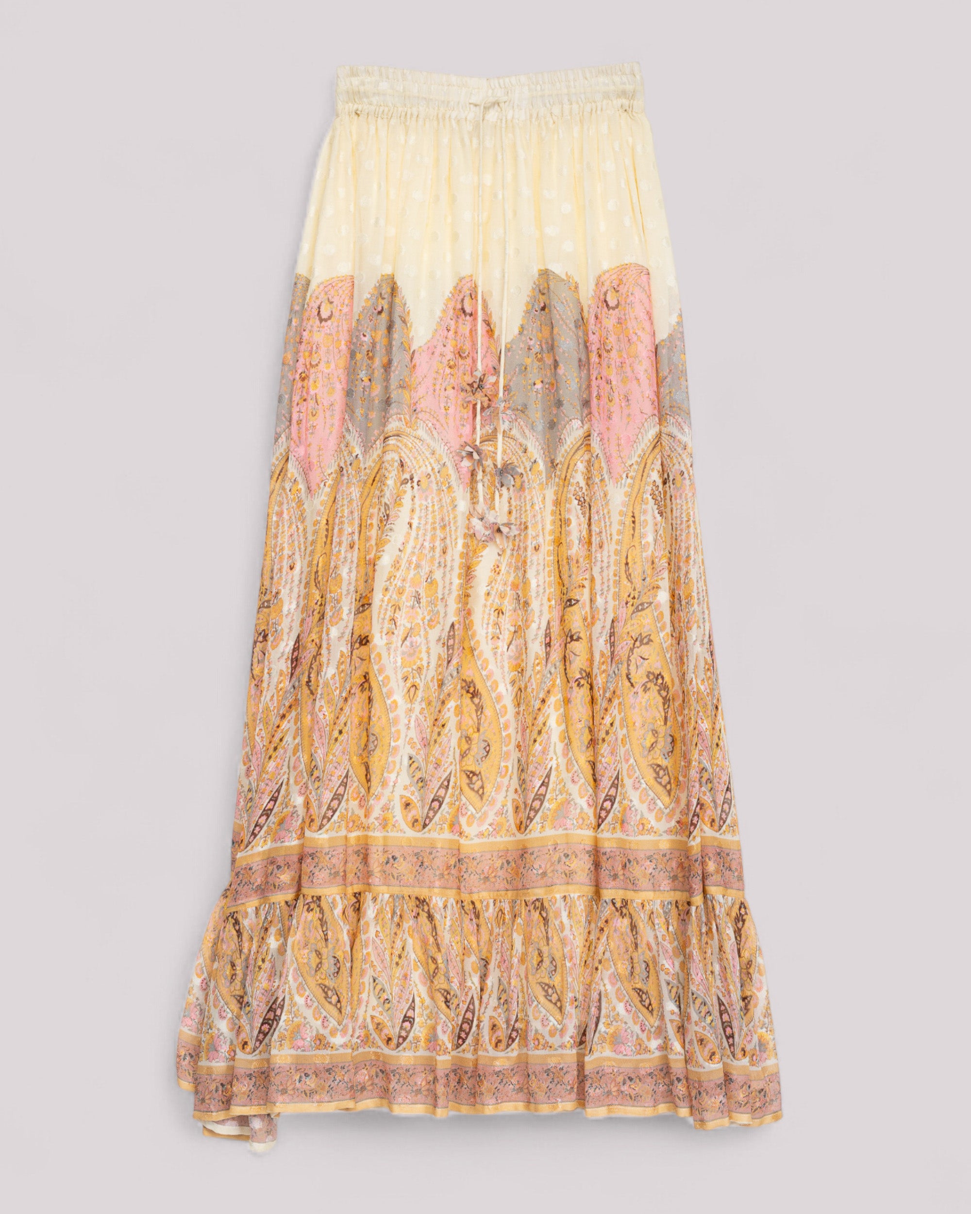 Falda larga fluida con motivo paisley y bajo con volante - Niza - Amarillo Amarillo-9