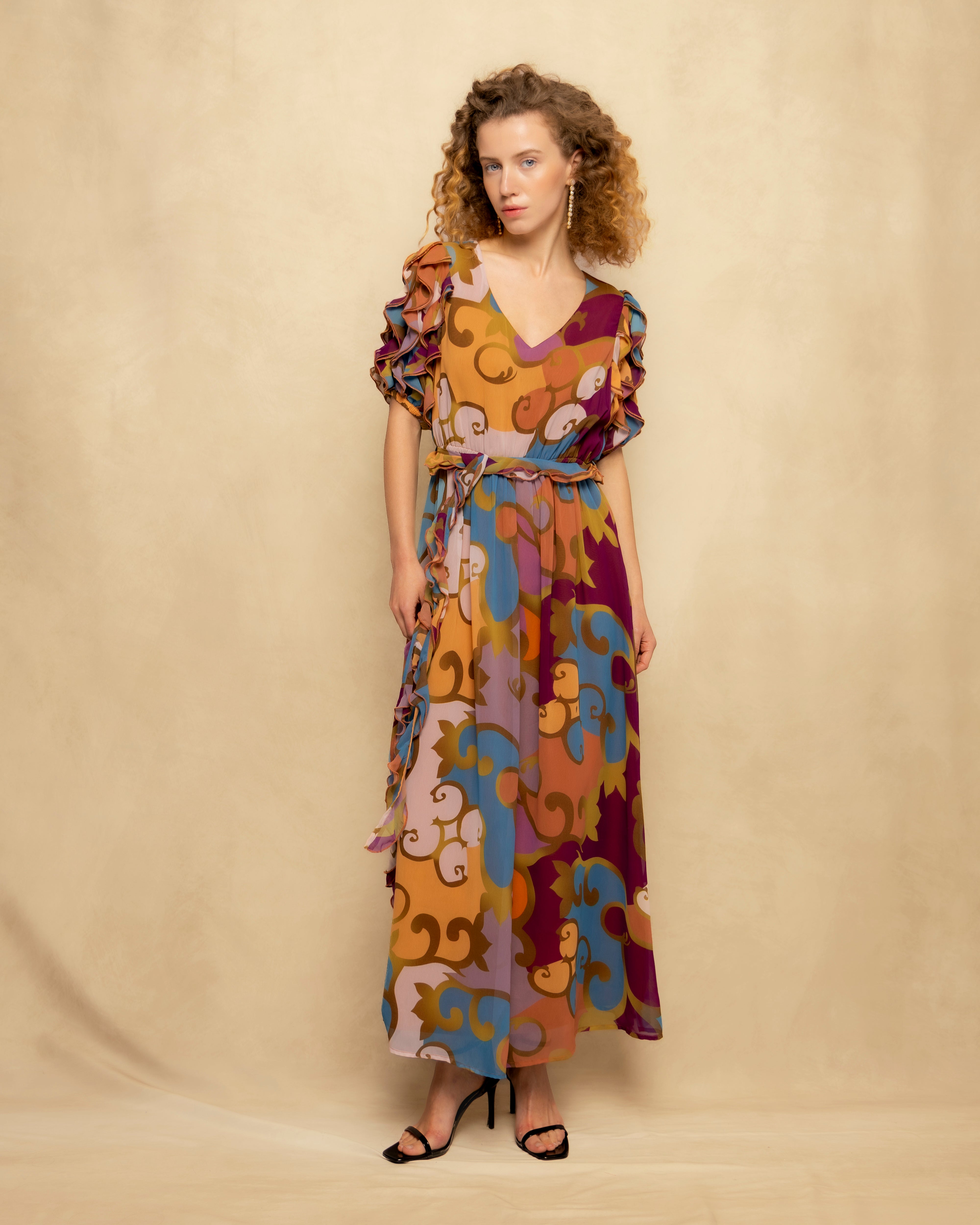 Vestido largo fluido con escote en pico y volante decorativo - Niza - Multicolor Multicolor-1