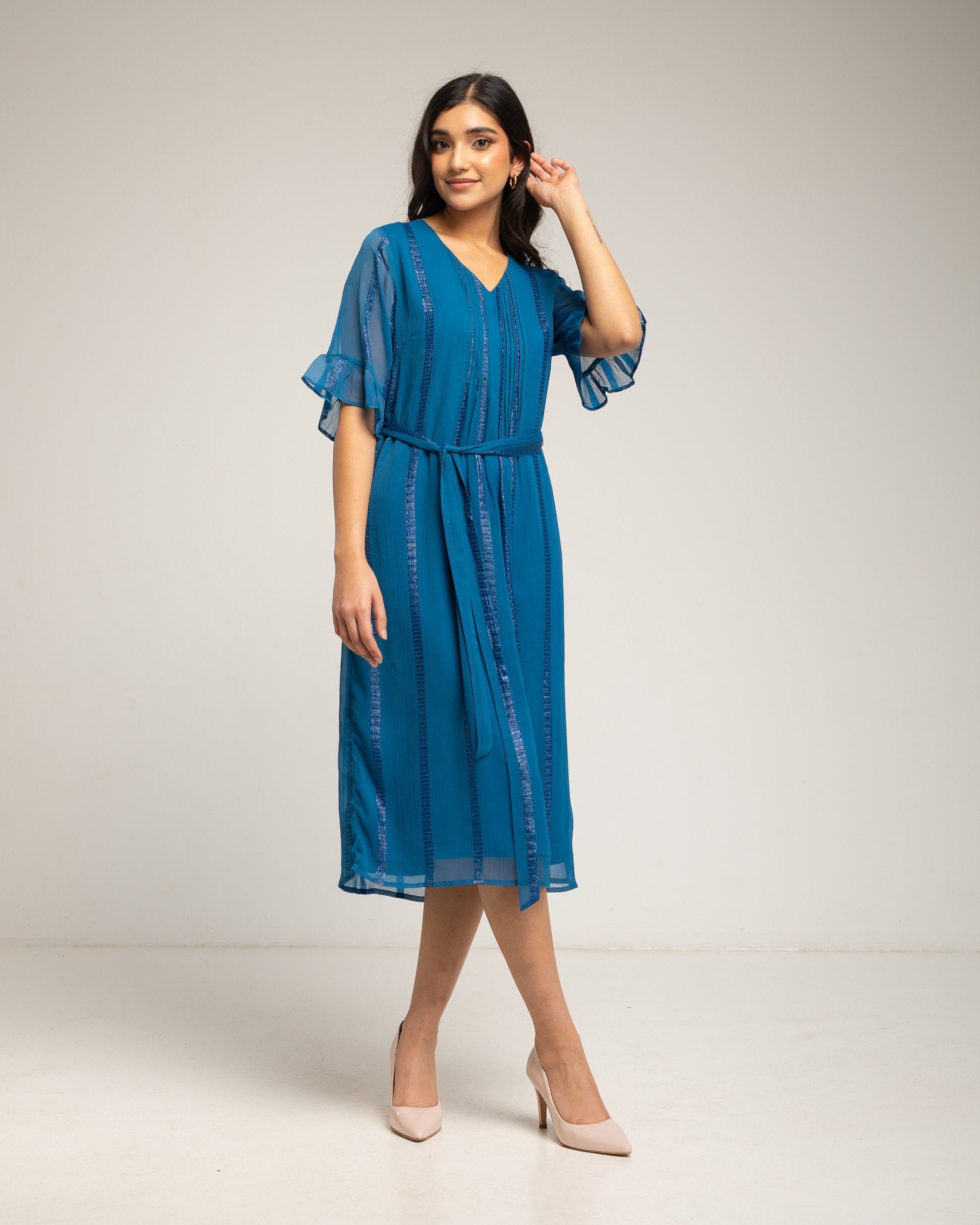 Vestido midi de gasa con manga volante - Niza - Azul Azul-1