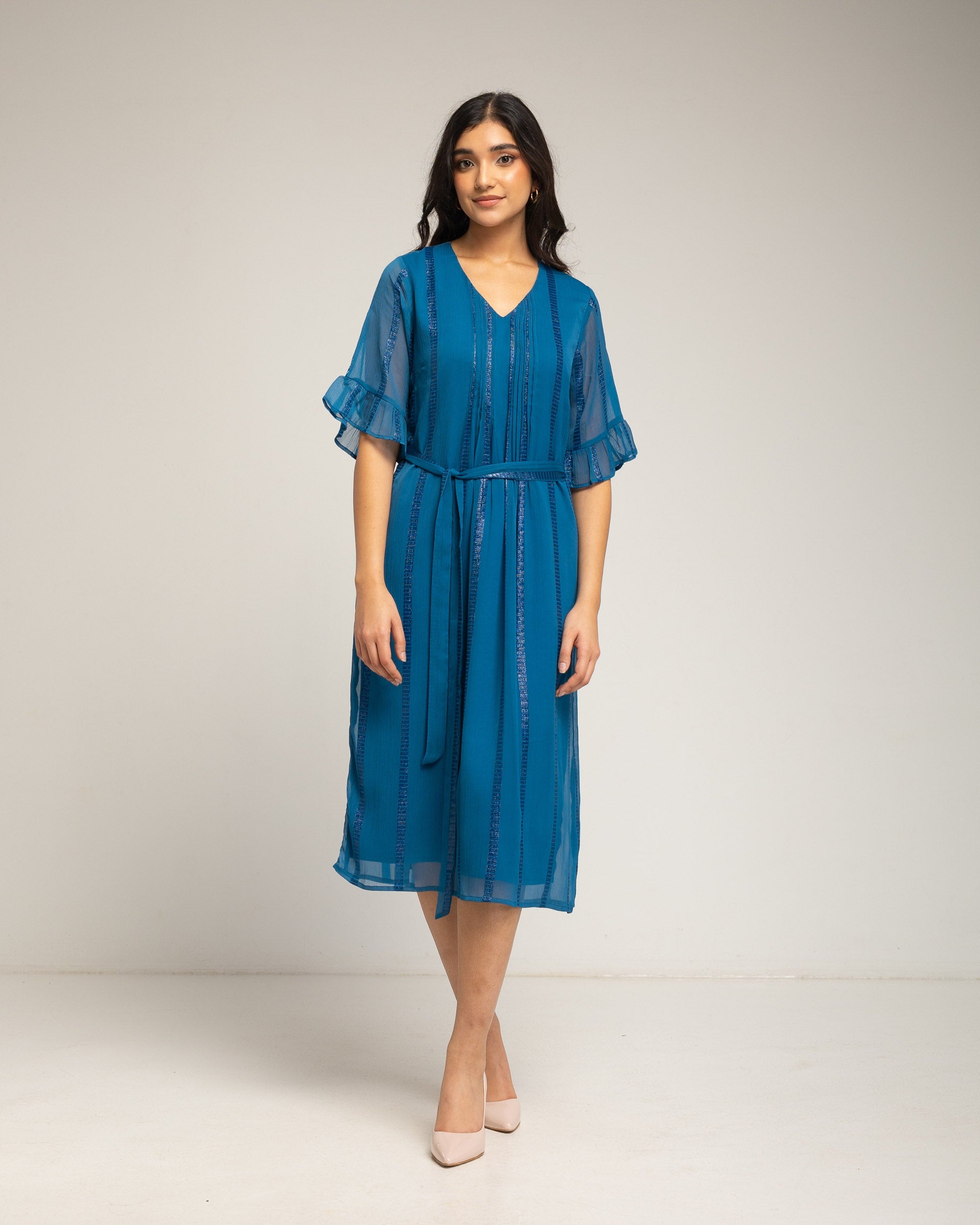 Vestido midi de gasa con manga volante - Niza - Azul Azul-2