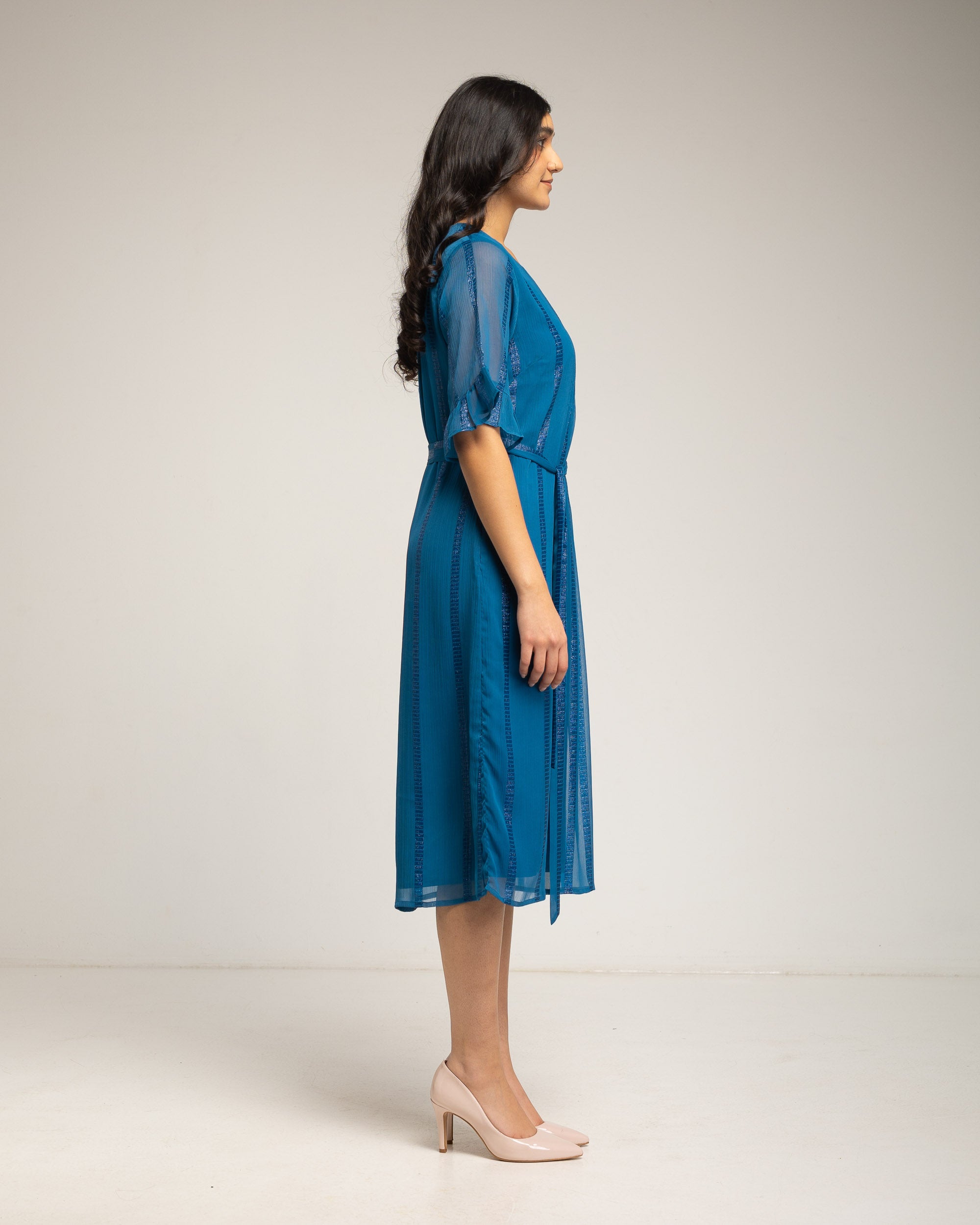 Vestido midi de gasa con manga volante - Niza - Azul Azul-3