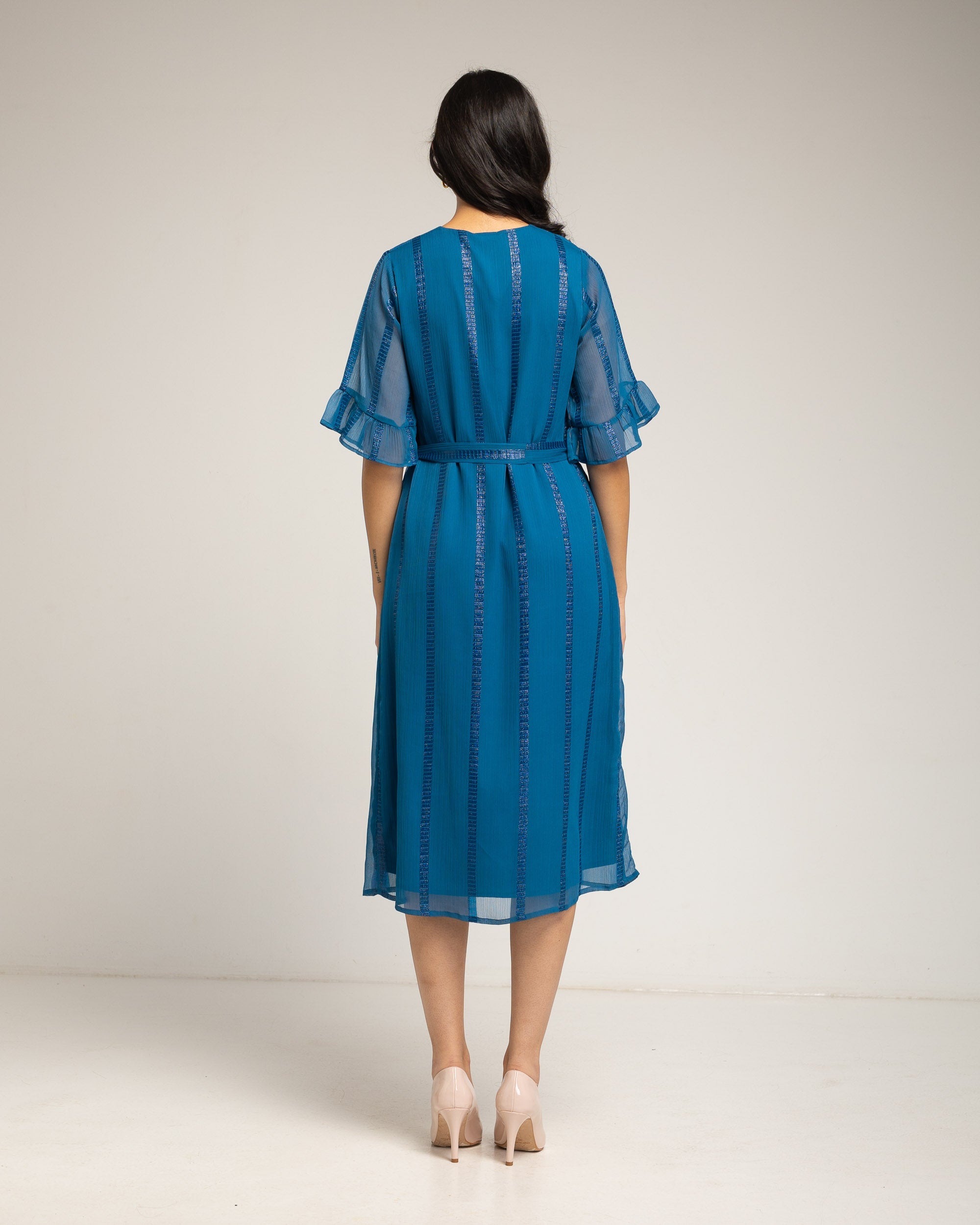 Vestido midi de gasa con manga volante - Niza - Azul Azul-4