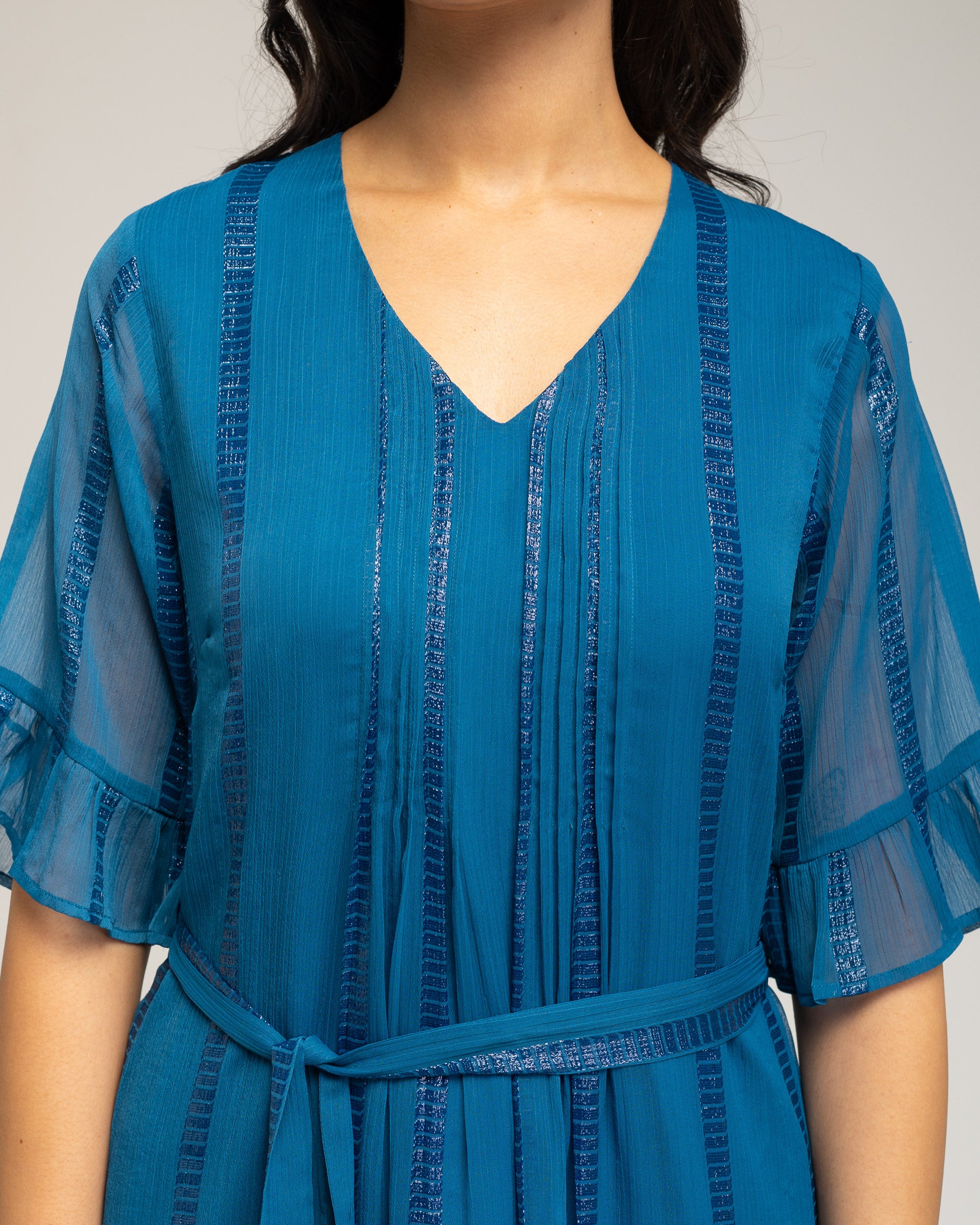 Vestido midi de gasa con manga volante - Niza - Azul Azul-5
