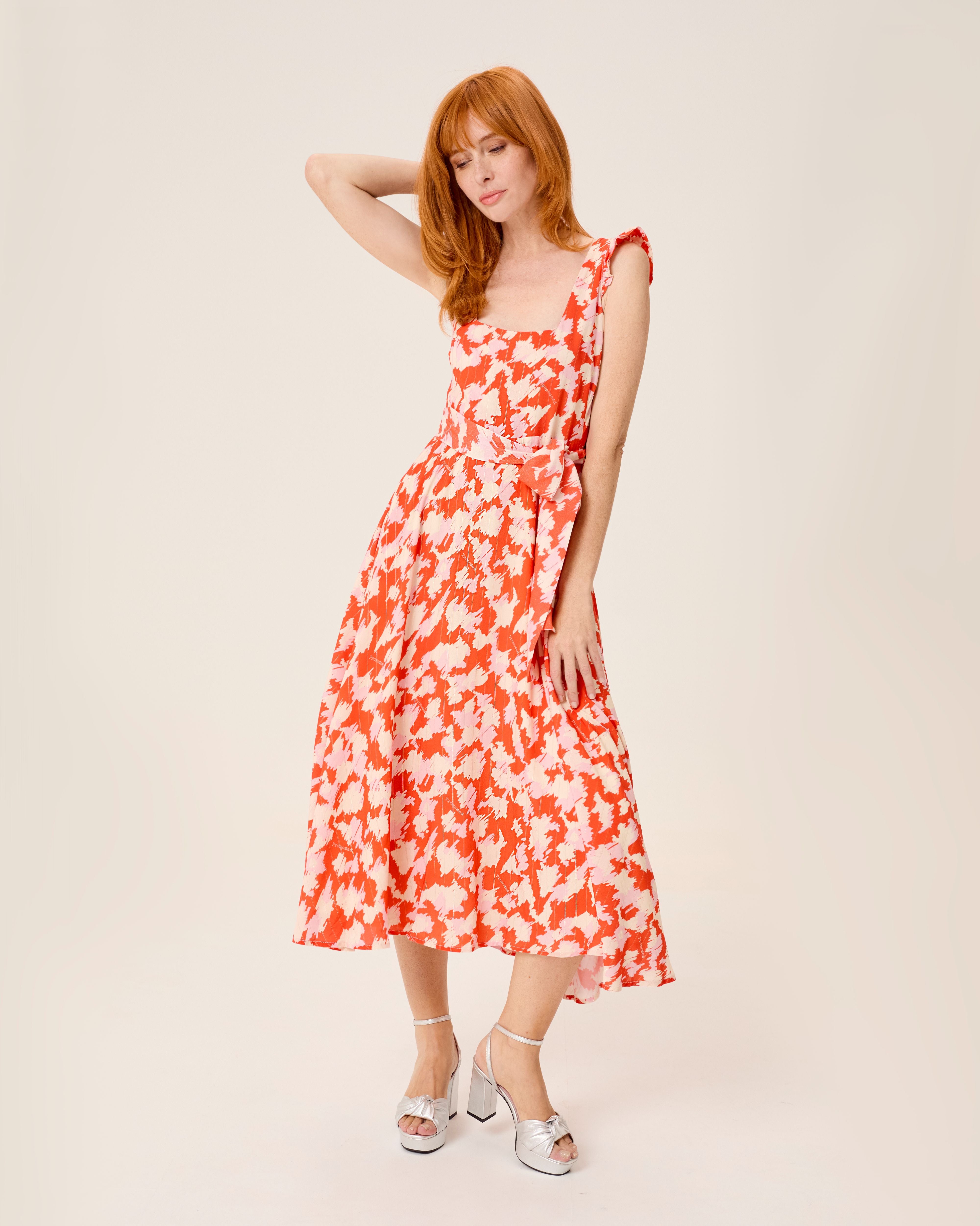 Imagen 0 de Vestido midi zia estampado con lazada Naranja