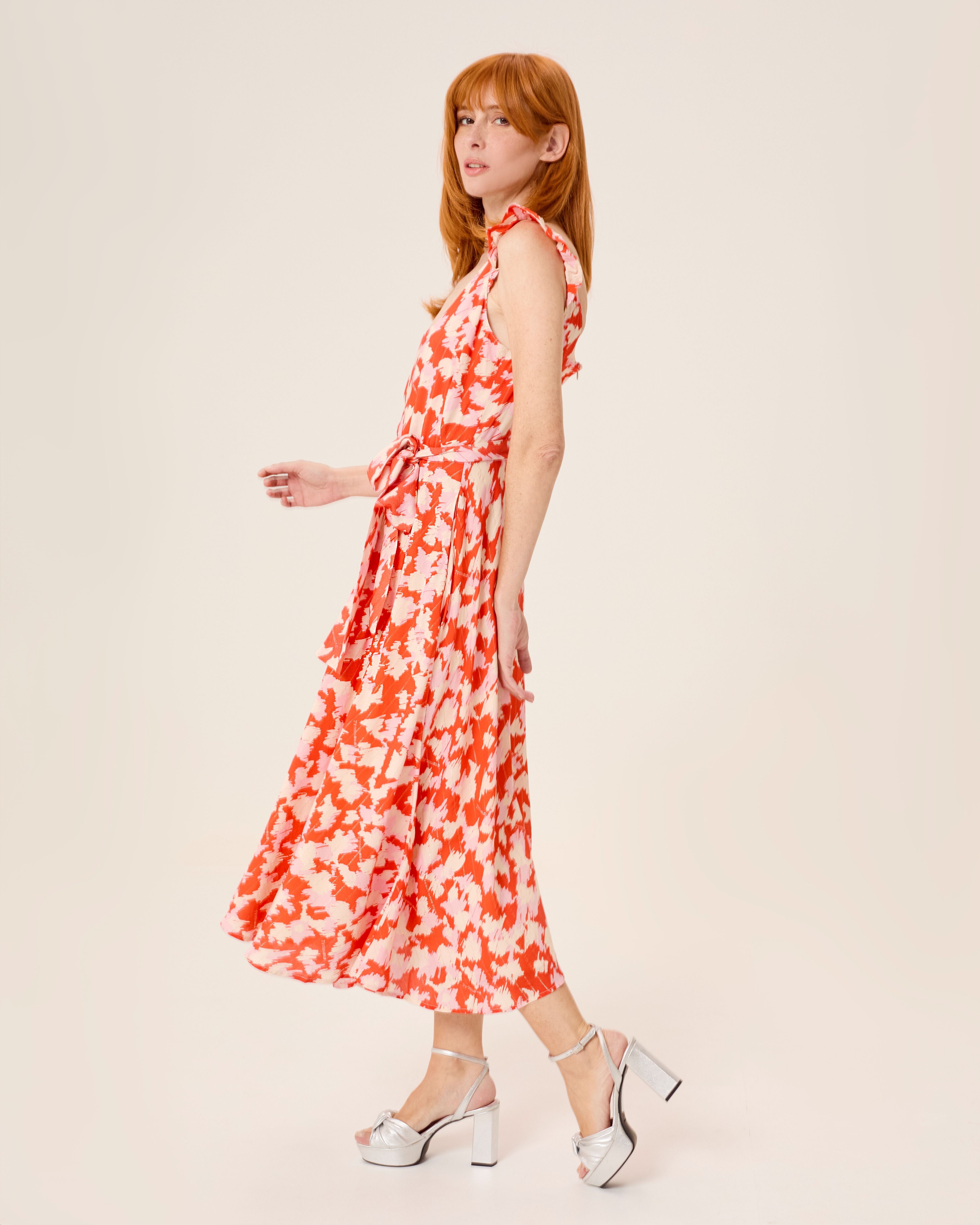 Vestido midi zia estampado con lazada - Niza - Naranja Naranja-4