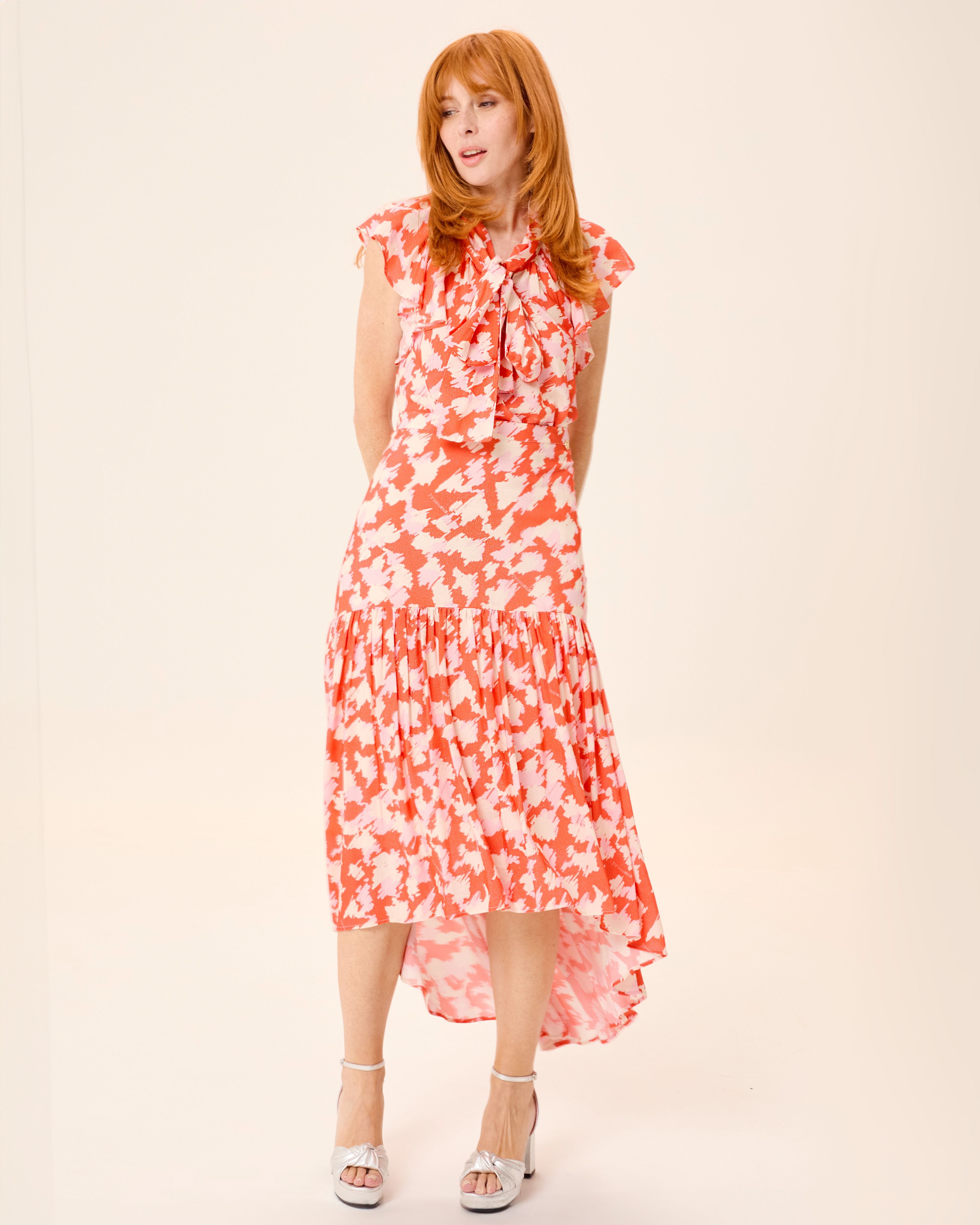 Vestido midi zia estampado con lazada - Niza - Naranja Naranja-6