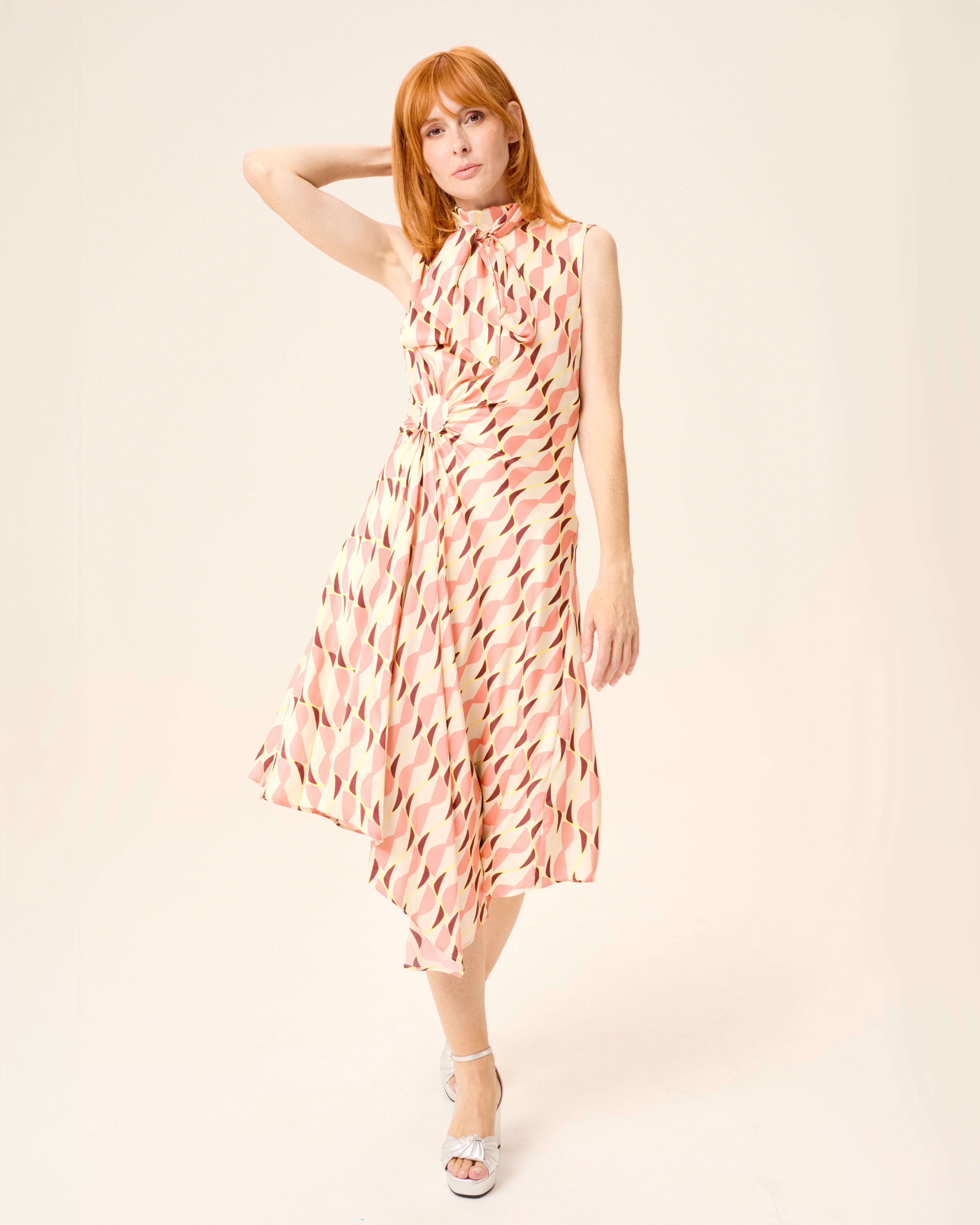 Niza - Vestido midi ondine asimétrico con cuello alto y lazo.