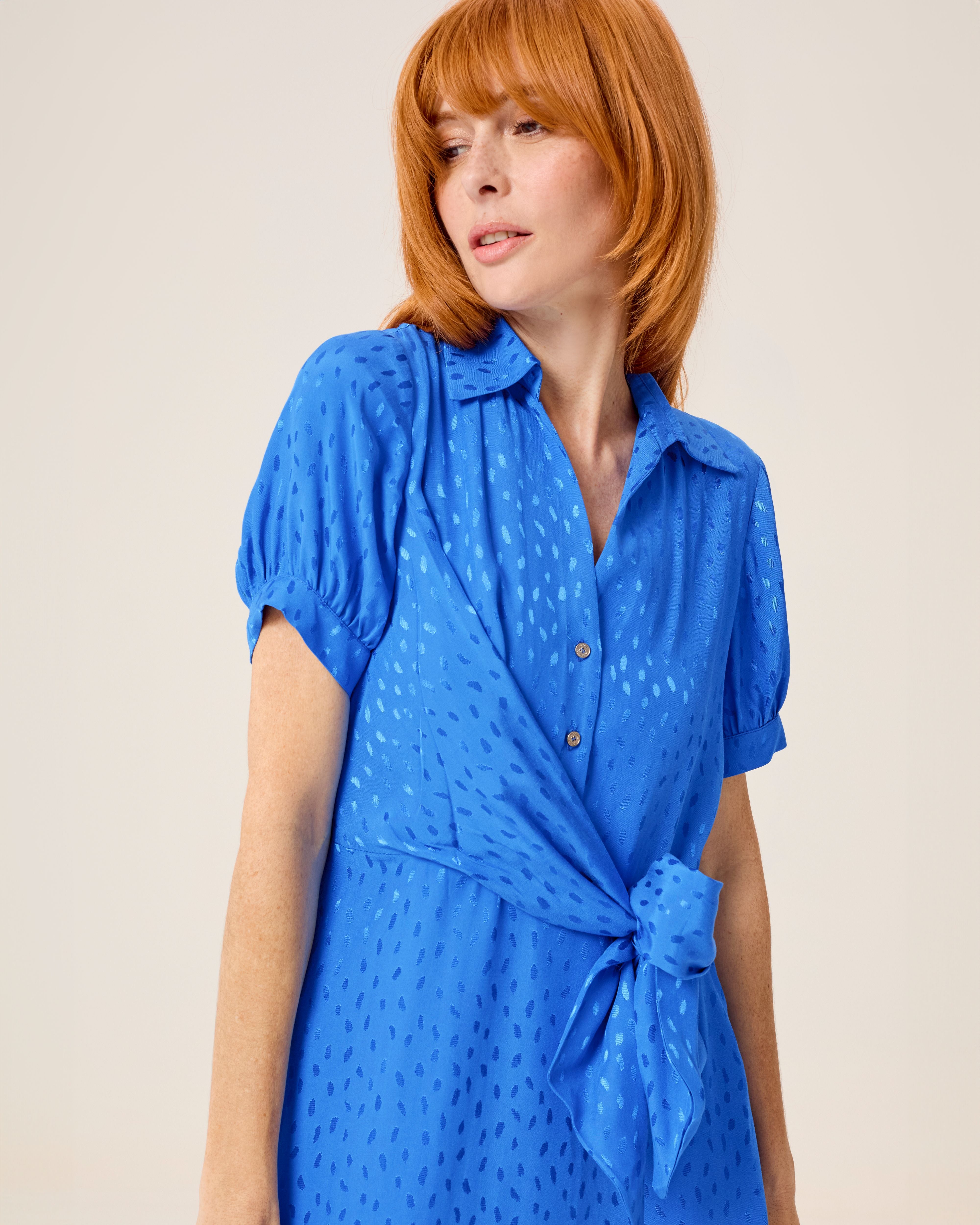Vestido midi dijon cruzado con cuello camisero y lazo - Niza - Azul Azul-2