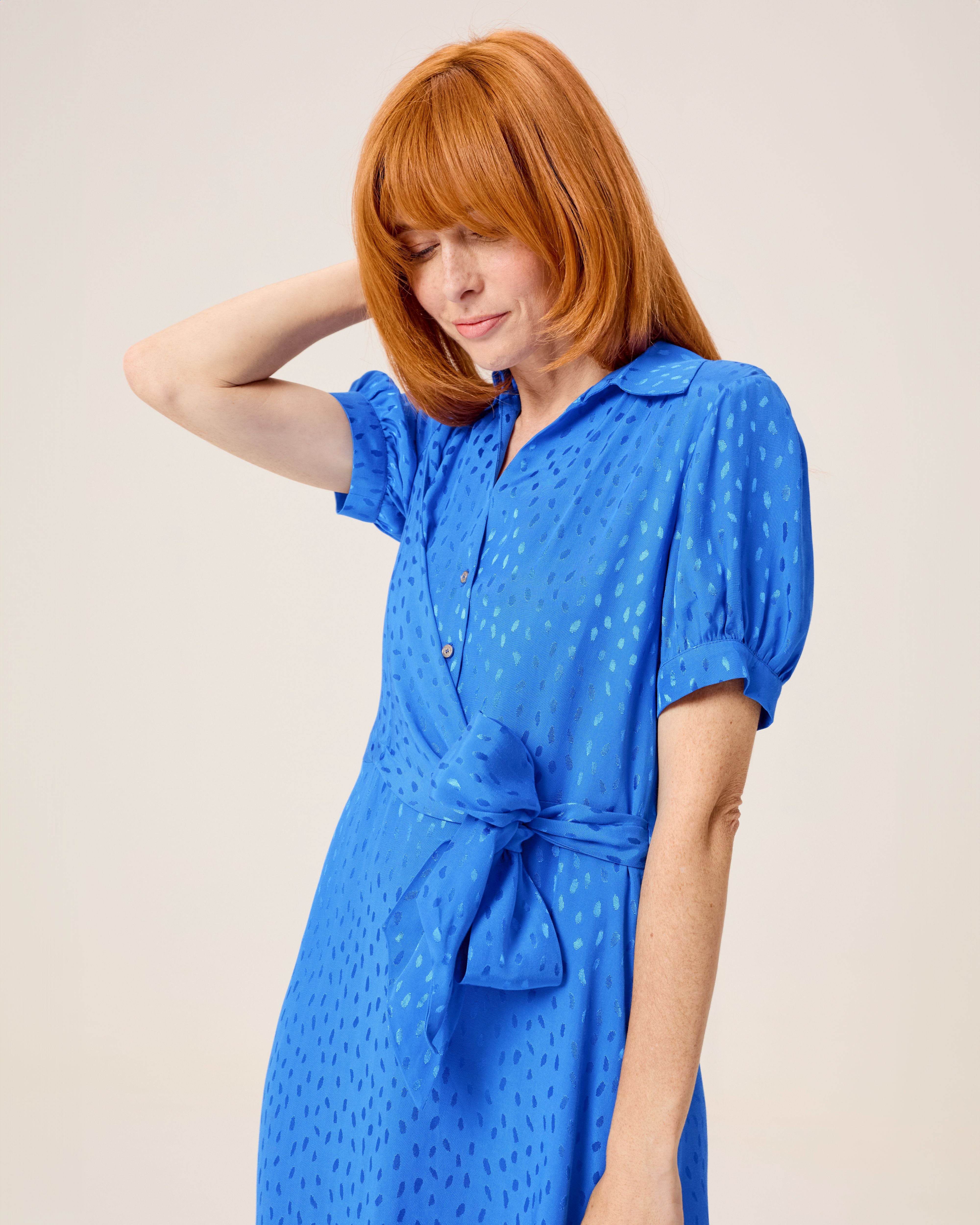 Vestido midi dijon cruzado con cuello camisero y lazo - Niza - Azul Azul-5