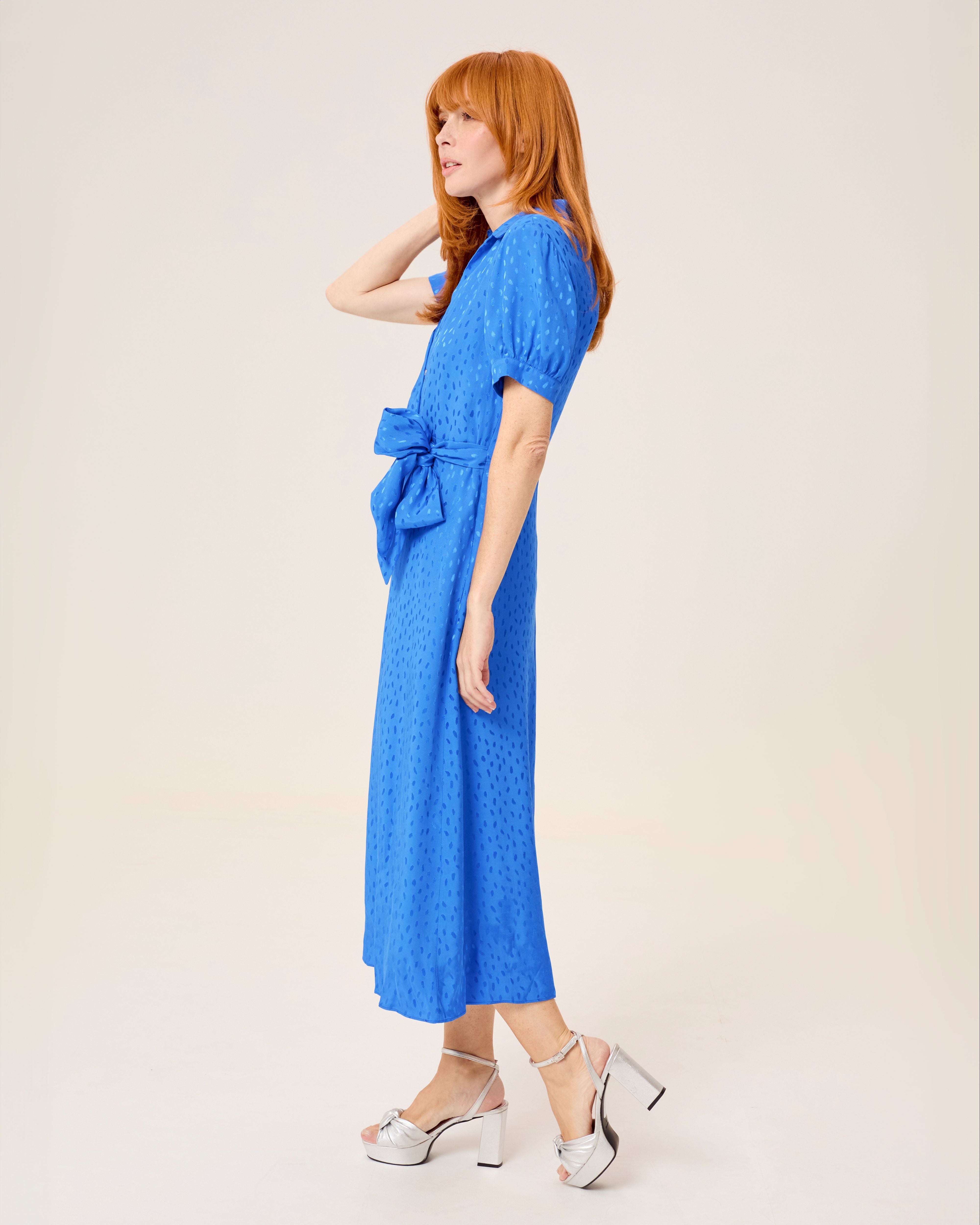 Vestido midi dijon cruzado con cuello camisero y lazo - Niza - Azul Azul-7