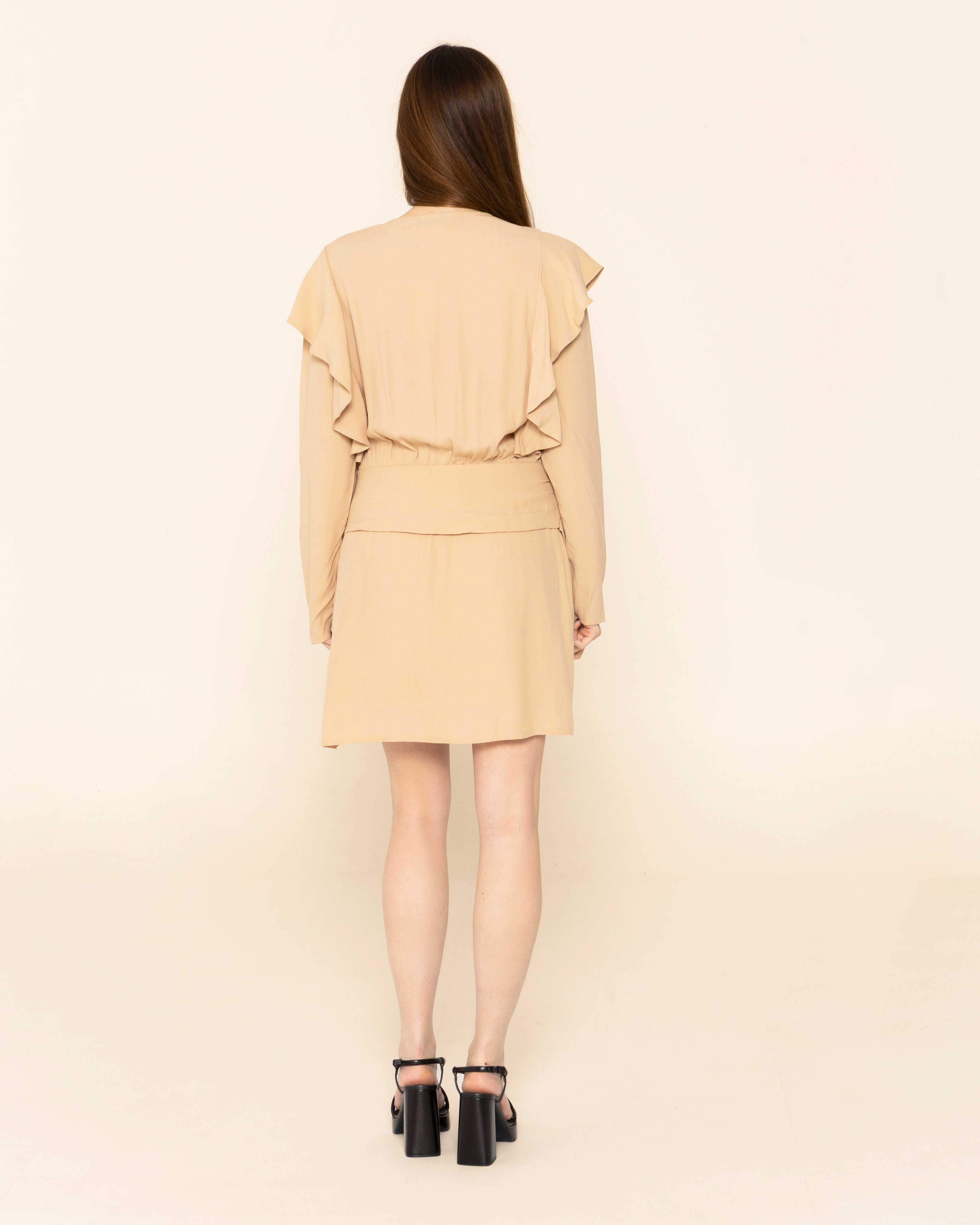 Vestido corto con escote en pico cruzado y ligero drapeado - Niza - Beige Beige-2