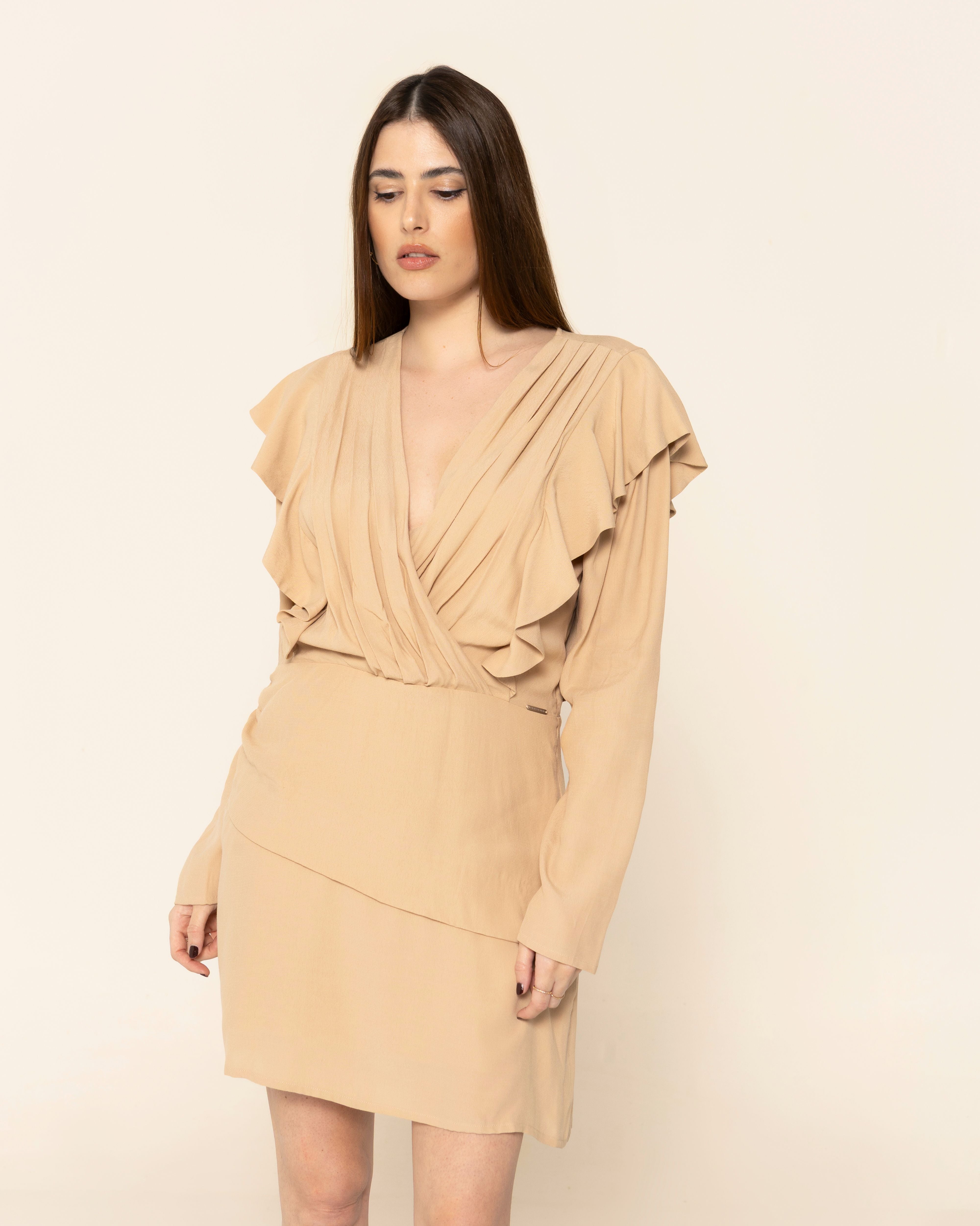 Vestido corto con escote en pico cruzado y ligero drapeado - Niza - Beige Beige-4