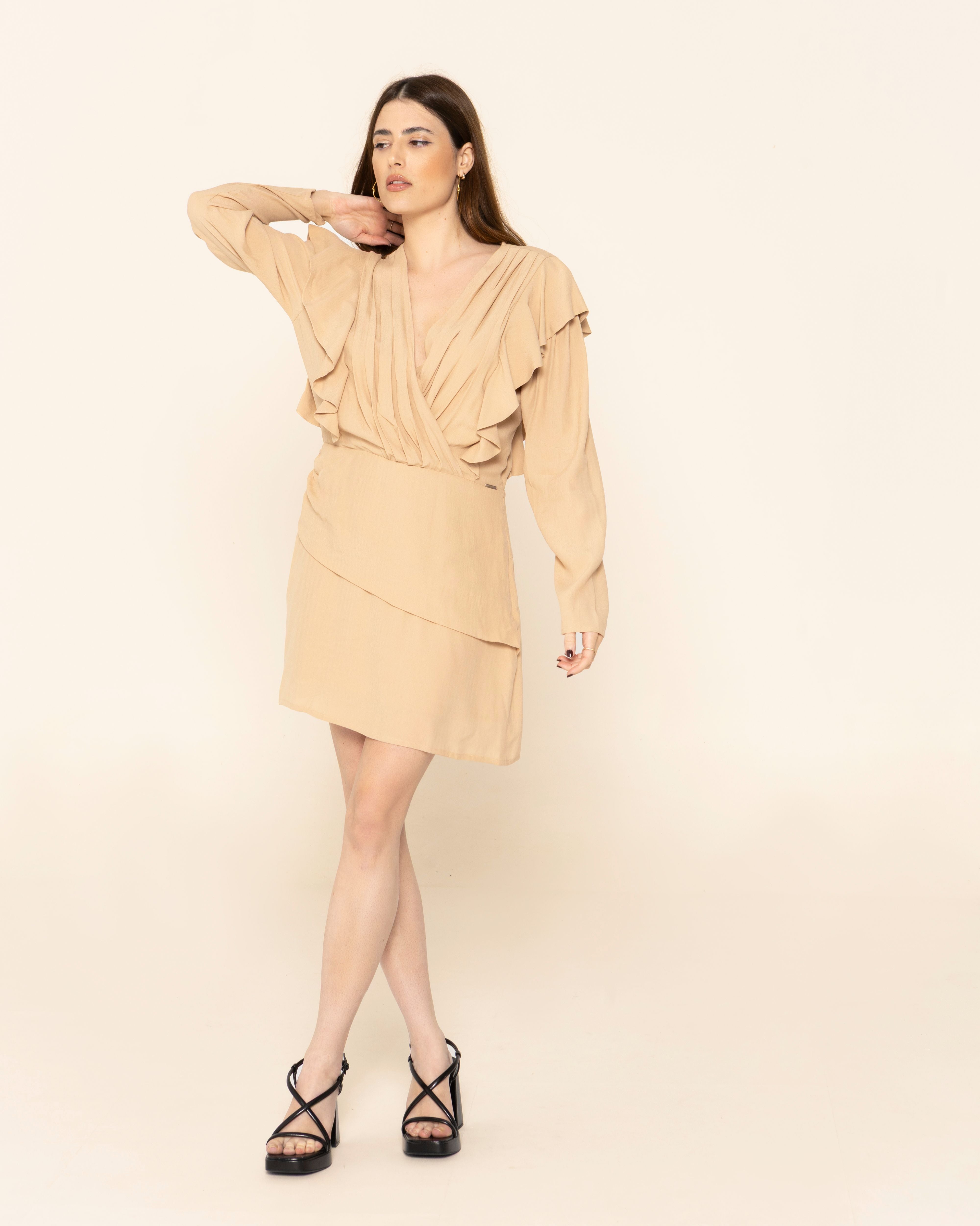 Vestido corto con escote en pico cruzado y ligero drapeado - Niza - Beige Beige-7