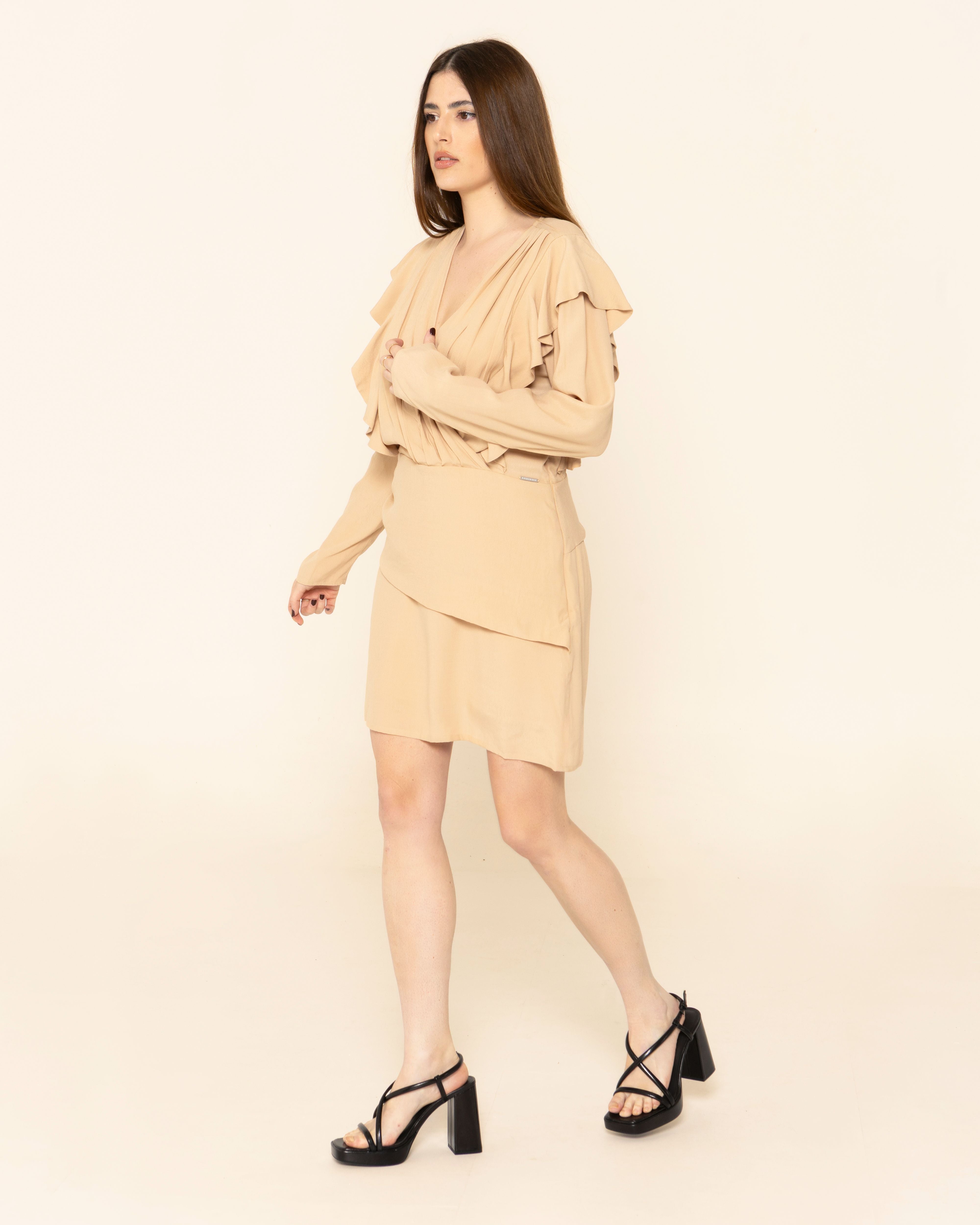 Vestido corto con escote en pico cruzado y ligero drapeado - Niza - Beige Beige-8