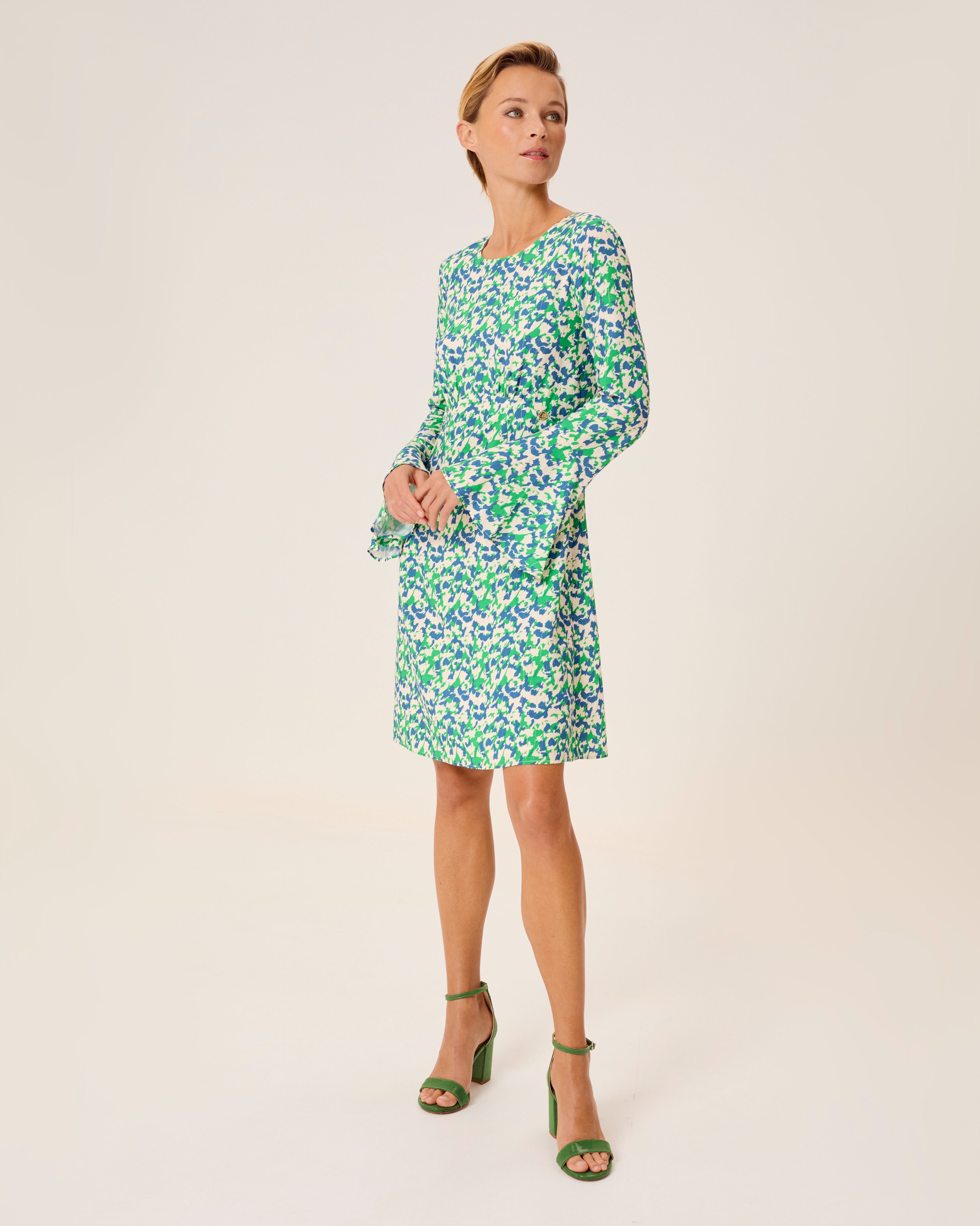 Vestido corto de manga larga con volantes en los puños - Niza - Azul Azul-7