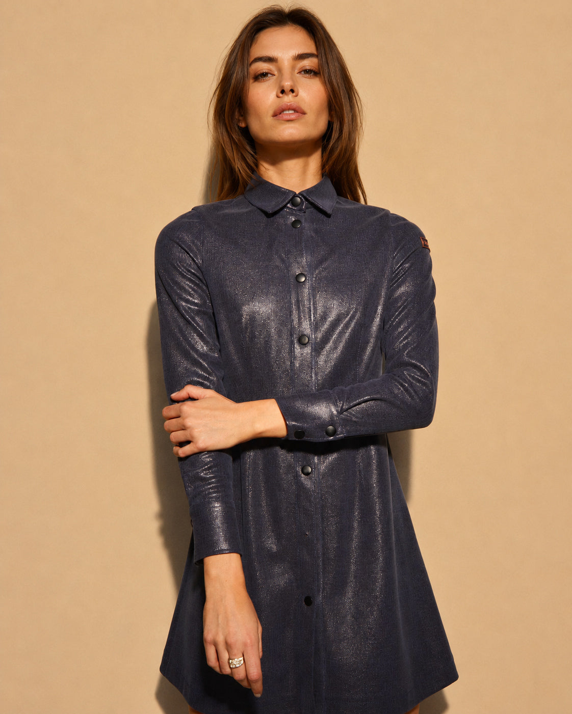 Vestido corto de mujer de piel sintética con manga larga - Niza - Azul marino Azul marino-2