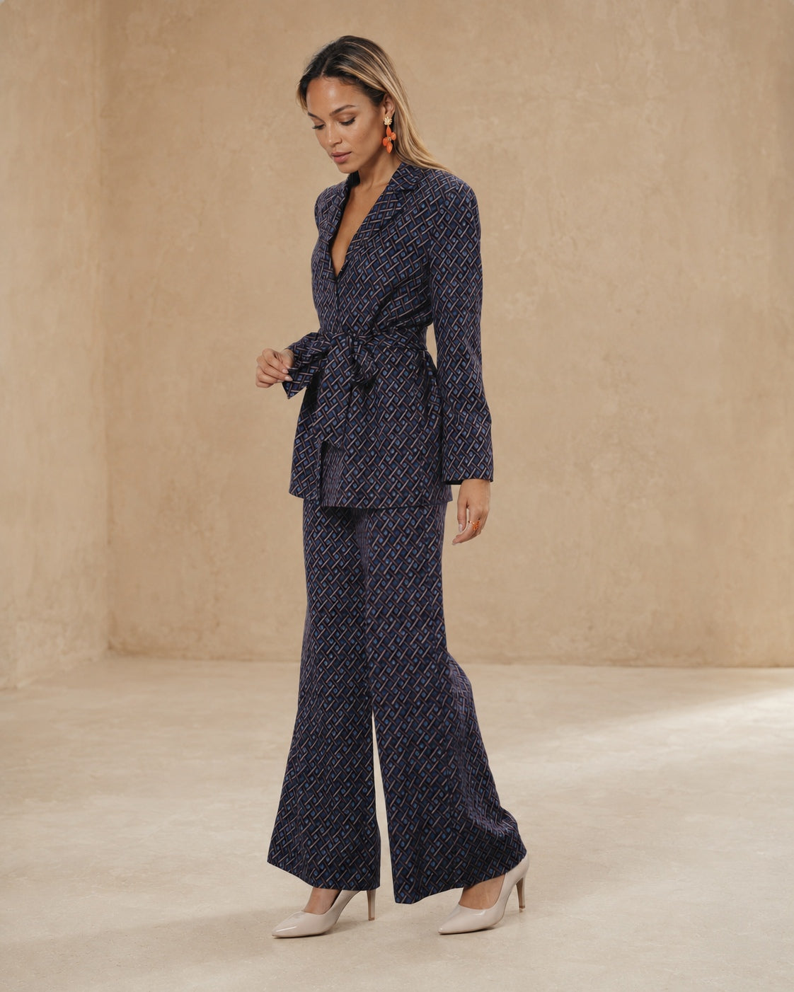 Blazer de mujer cruzado con estampado geométrico - Niza - Azul marino Azul marino-3