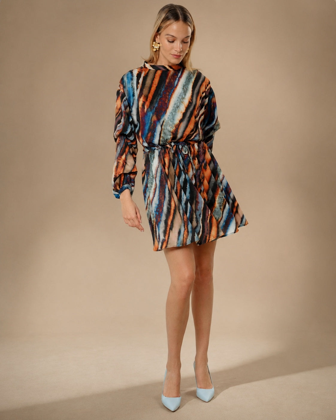 Vestido corto de mujer con estampado de rayas y manga larga - Niza - Multicolor Multicolor-1