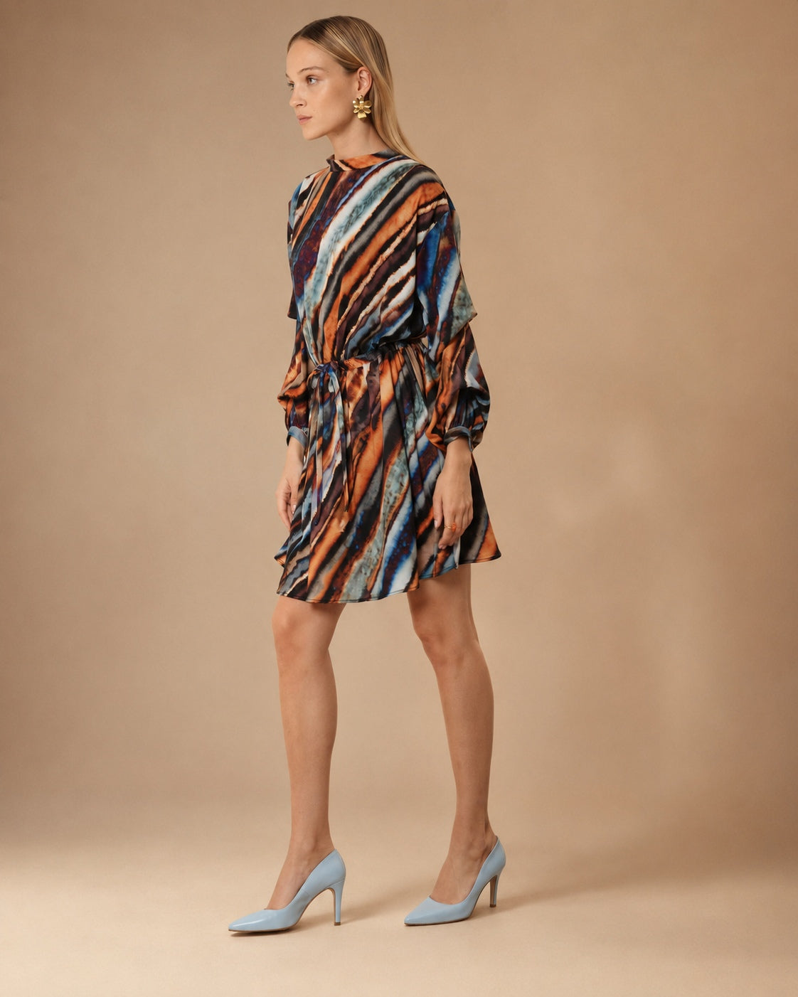 Vestido corto de mujer con estampado de rayas y manga larga - Niza - Multicolor Multicolor-3