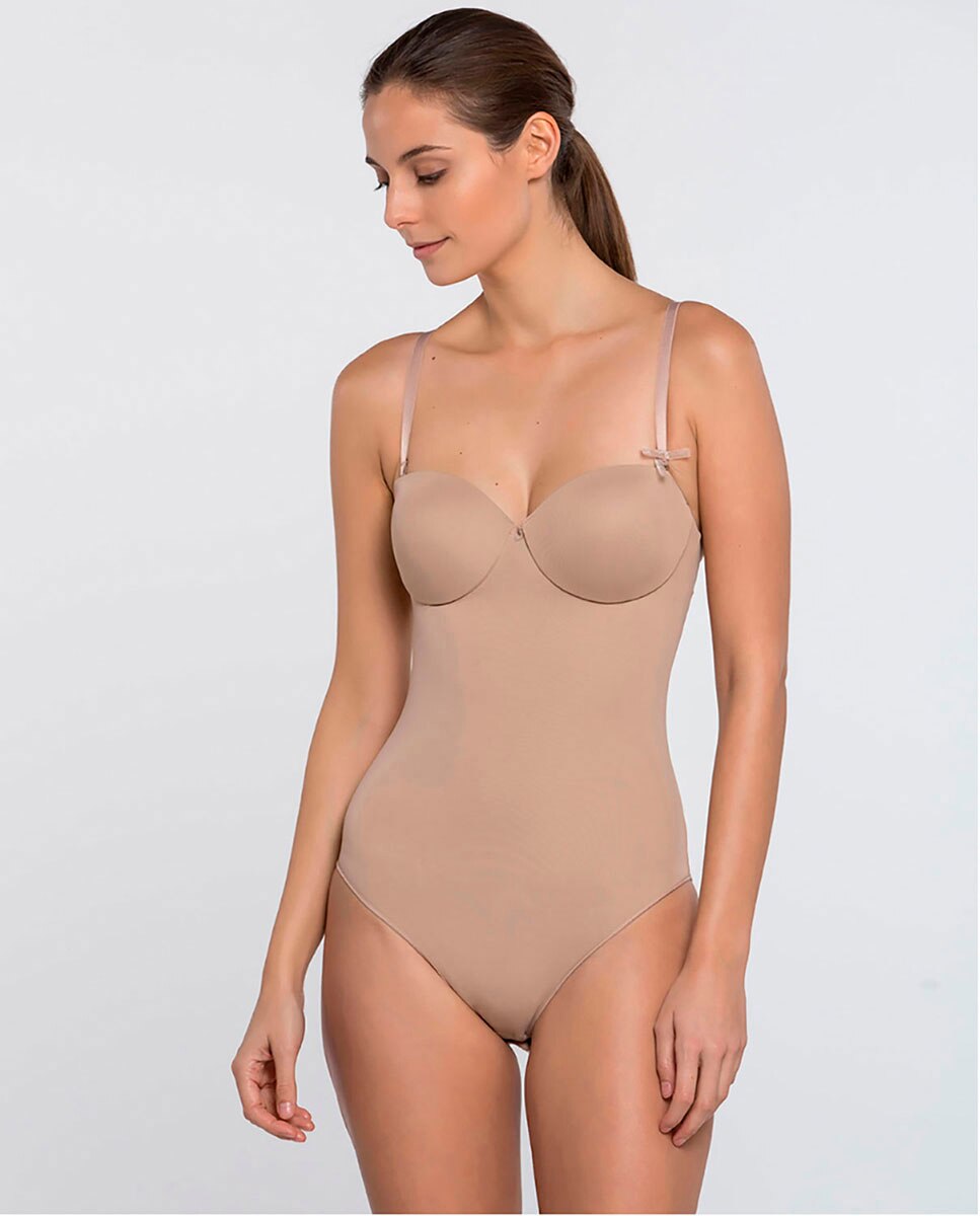 Body de microfibra sin tirantes extraíbles y Con relleno - Punto Blanco - Beige Beige-1