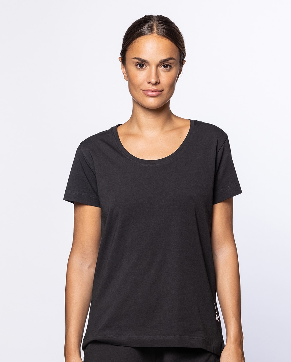 Camiseta homewear de mujer de algodón elástico de manga corta - Punto Blanco - Negro Negro-1