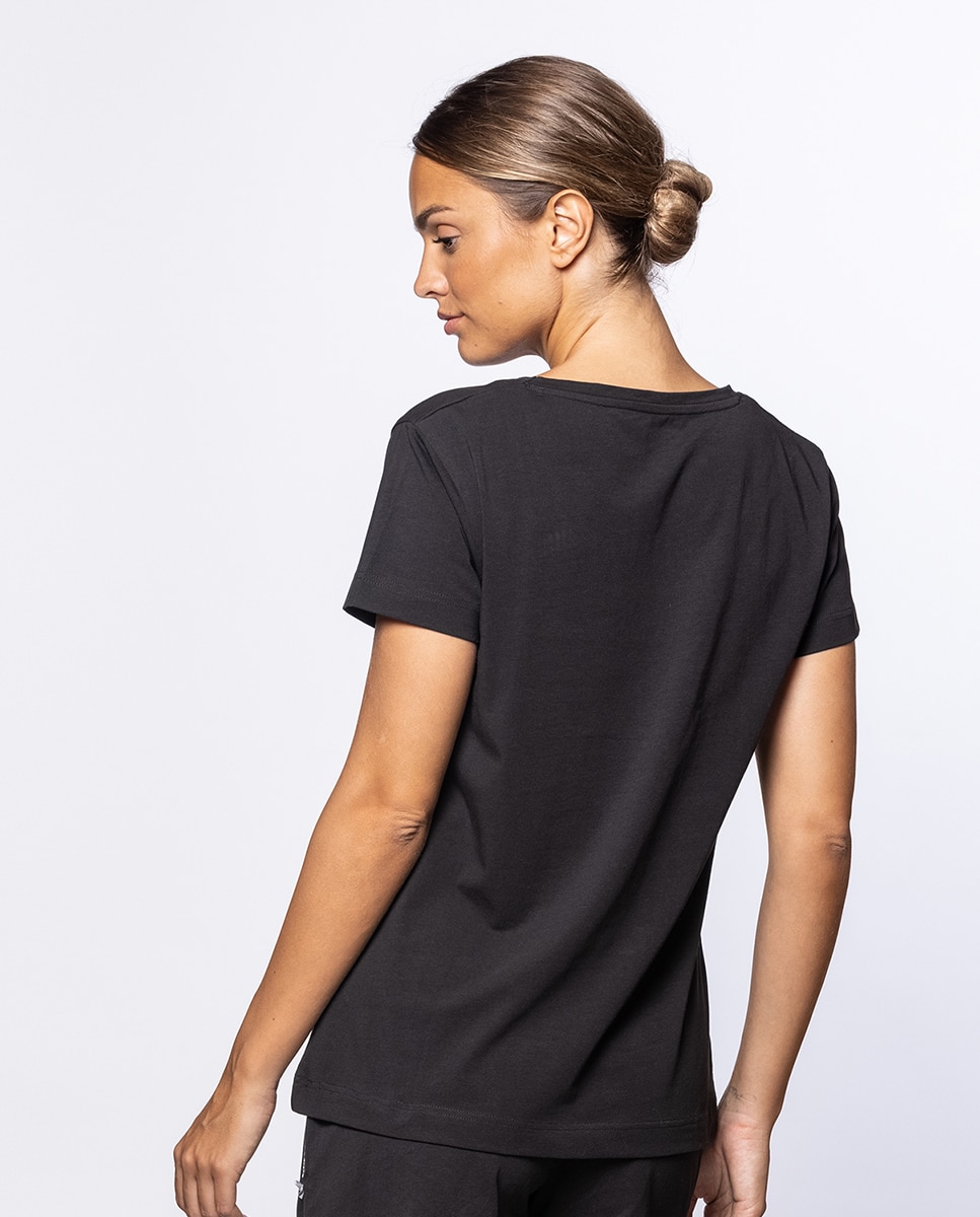 Camiseta homewear de mujer de algodón elástico de manga corta - Punto Blanco - Negro Negro-2