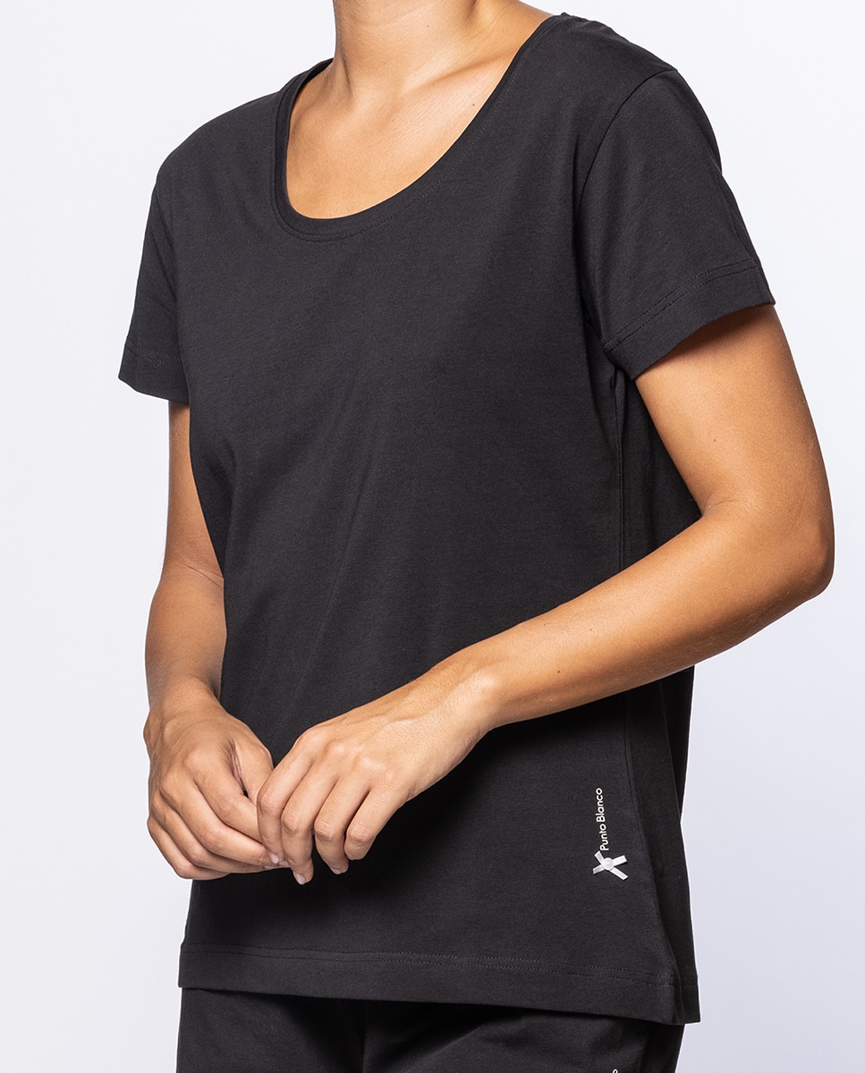Camiseta homewear de mujer de algodón elástico de manga corta - Punto Blanco - Negro Negro-3