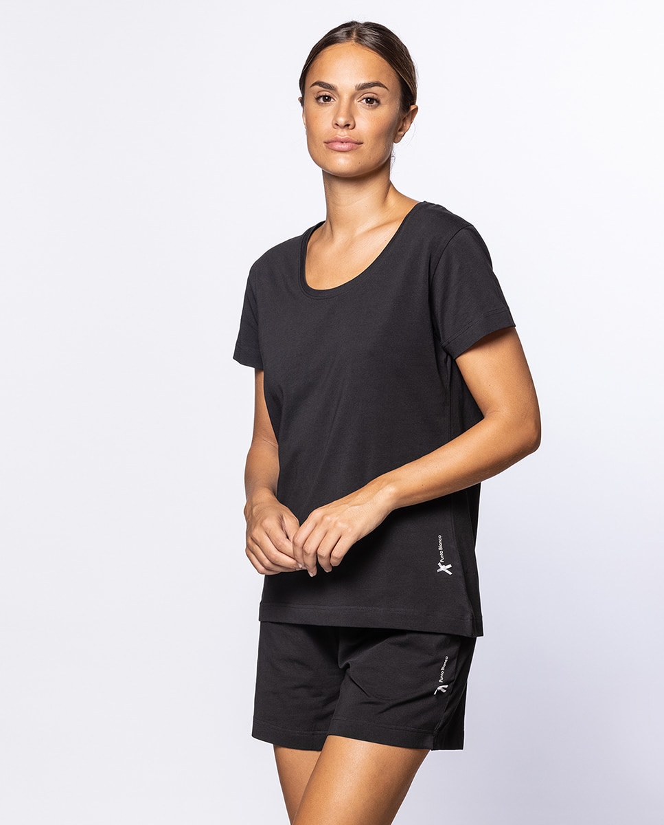Camiseta homewear de mujer de algodón elástico de manga corta - Punto Blanco - Negro Negro-4