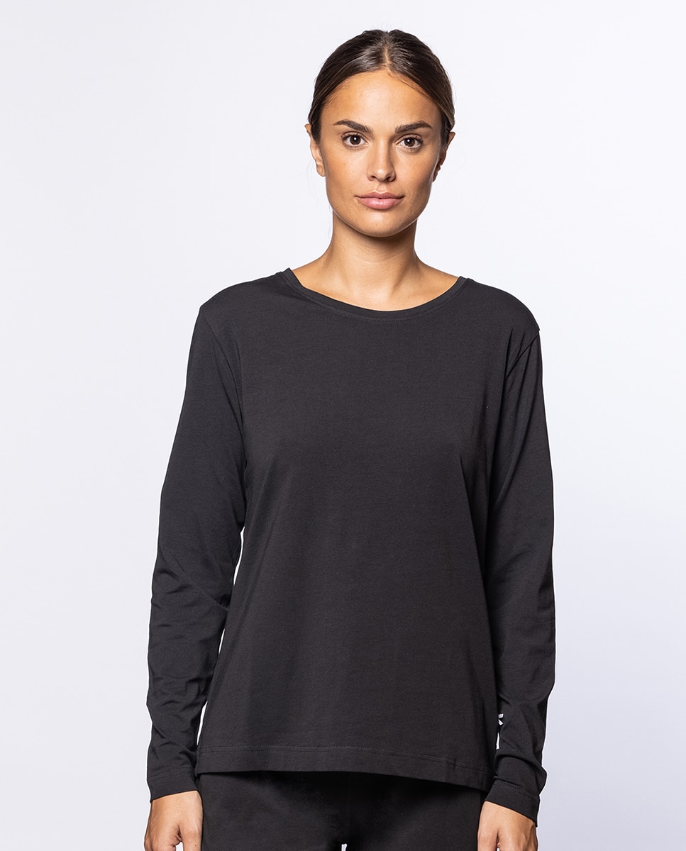 Camiseta homewear de mujer de algodón elástico de manga larga - Punto Blanco - Negro Negro-1