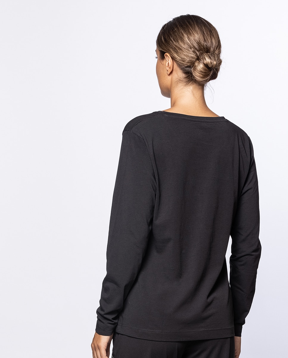 Camiseta homewear de mujer de algodón elástico de manga larga - Punto Blanco - Negro Negro-2