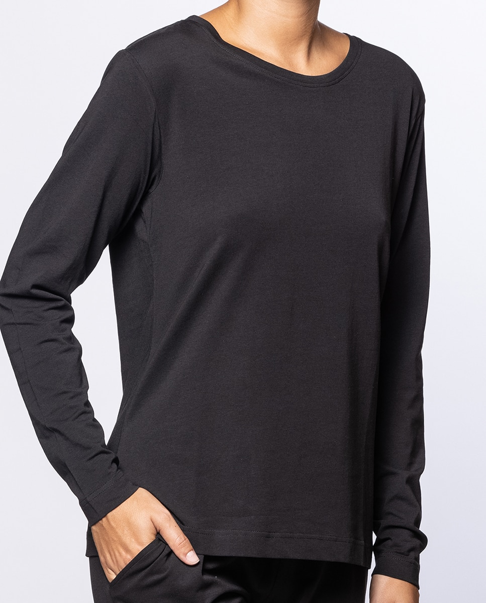 Camiseta homewear de mujer de algodón elástico de manga larga - Punto Blanco - Negro Negro-3