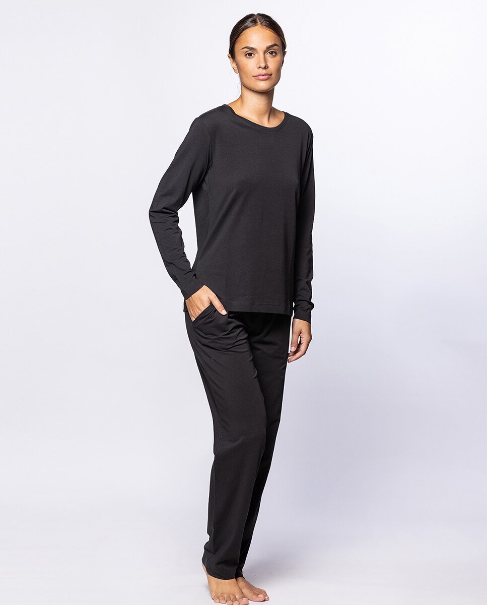 Camiseta homewear de mujer de algodón elástico de manga larga - Punto Blanco - Negro Negro-4