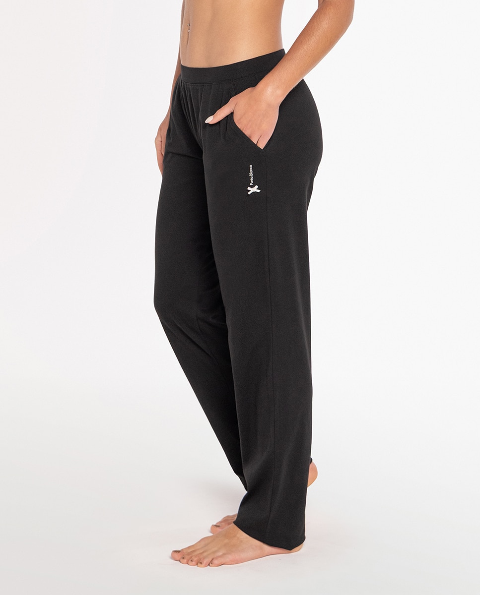 Pantalónes homewear de mujer largos de algodón elástico - Punto Blanco - Negro Negro-2