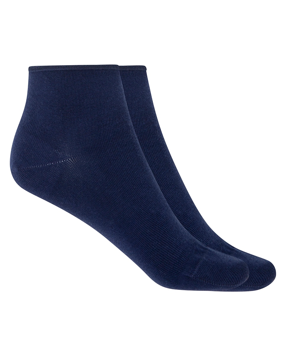Pack de 2 pares de calcetines de mujer de algodón tobilleros lisos con puño roulé - Punto Blanco - Azul marino Azul marino-1