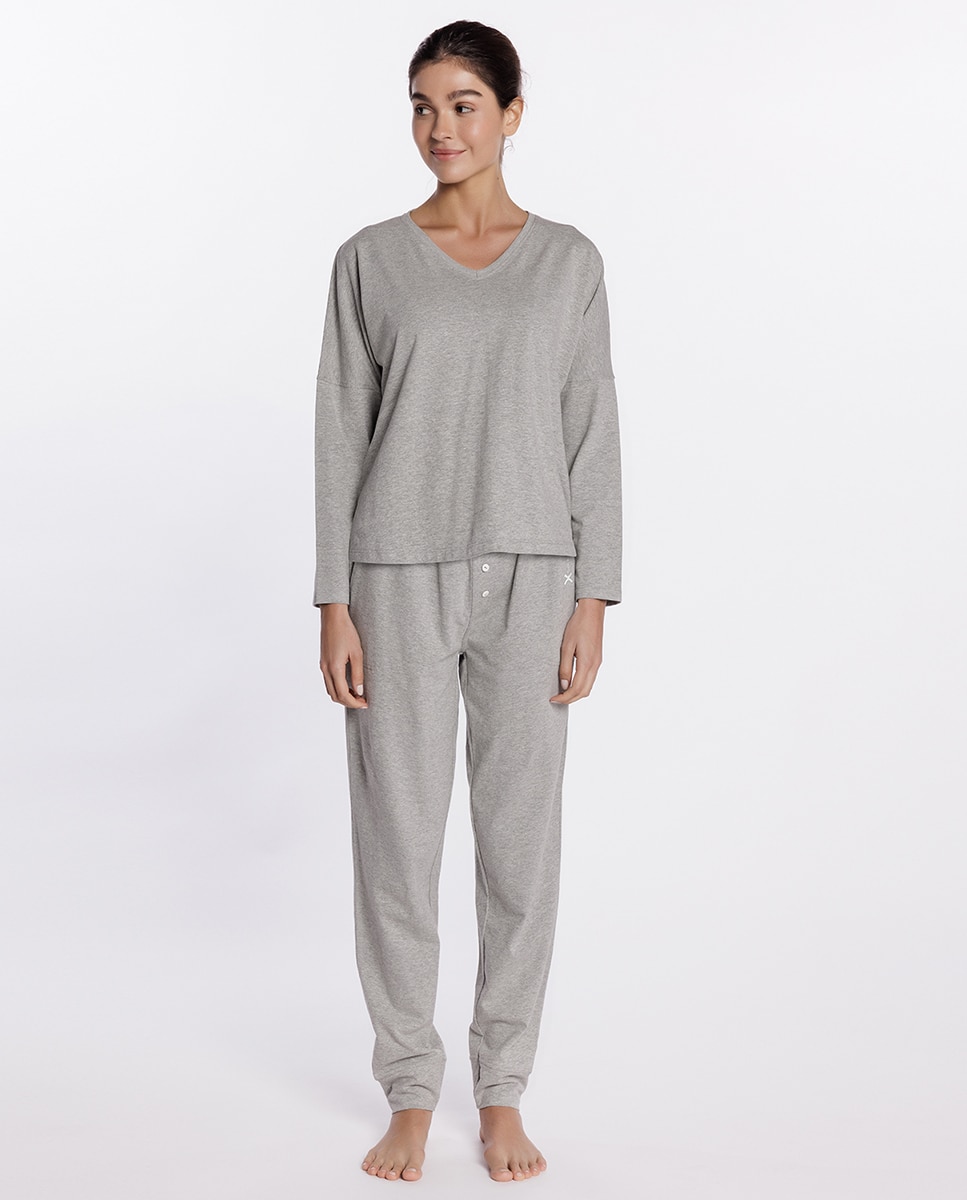 Pantalón homewear de mujer largo en algodón elástico - Punto Blanco - Gris Gris-4