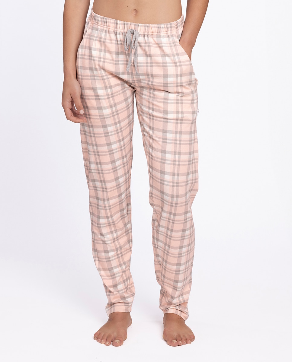 Pantalón homewear de mujer largo en algodón elástico - Punto Blanco - Beige/Rosa Beige/Rosa-1