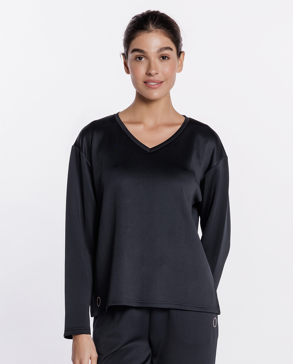 Camiseta homewear de mujer de viscosa elástica - Punto Blanco - Negro Negro-1